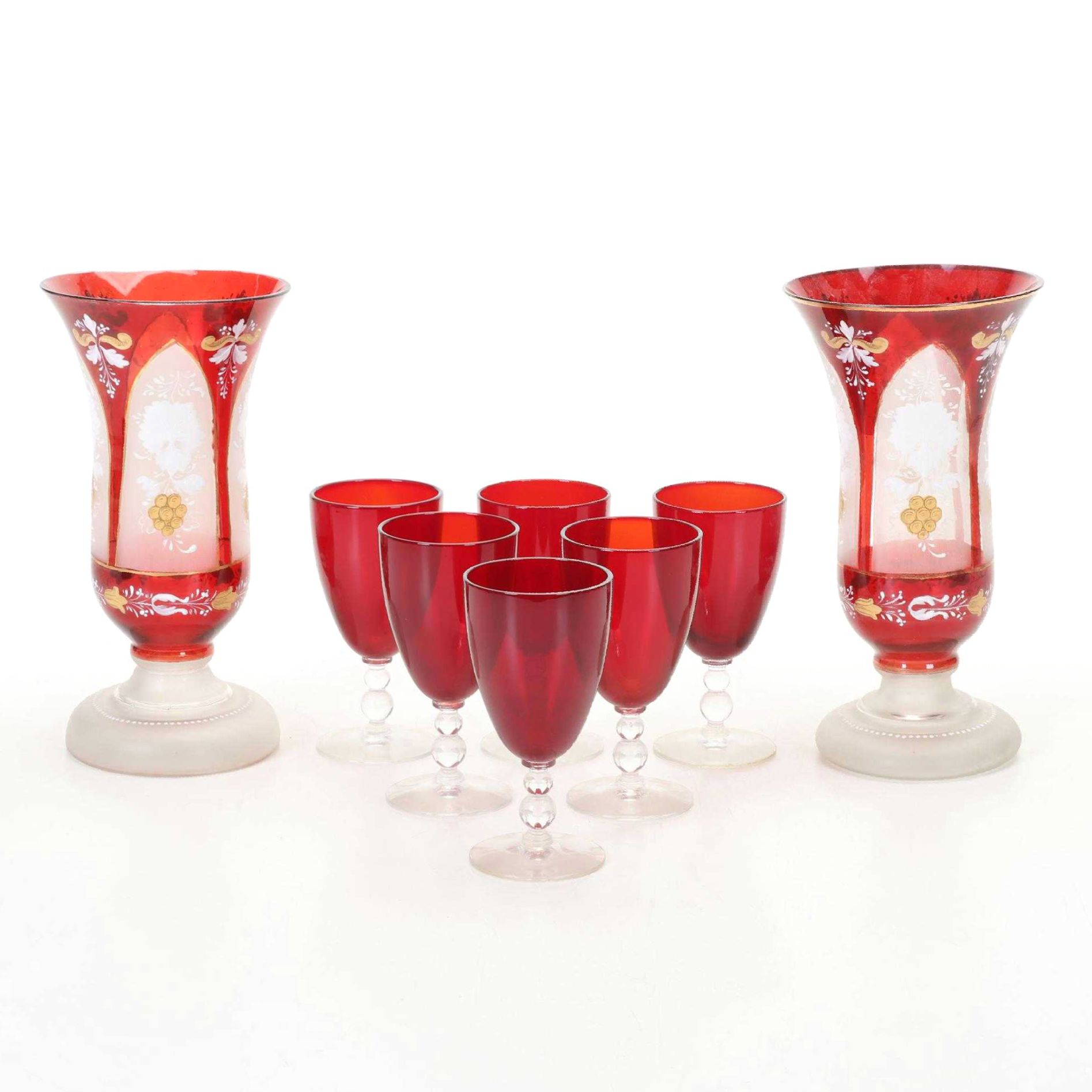 Bohemian Glass Ruby Flash and Hand Painted Vases With Ruby Bead-Stem Cordials