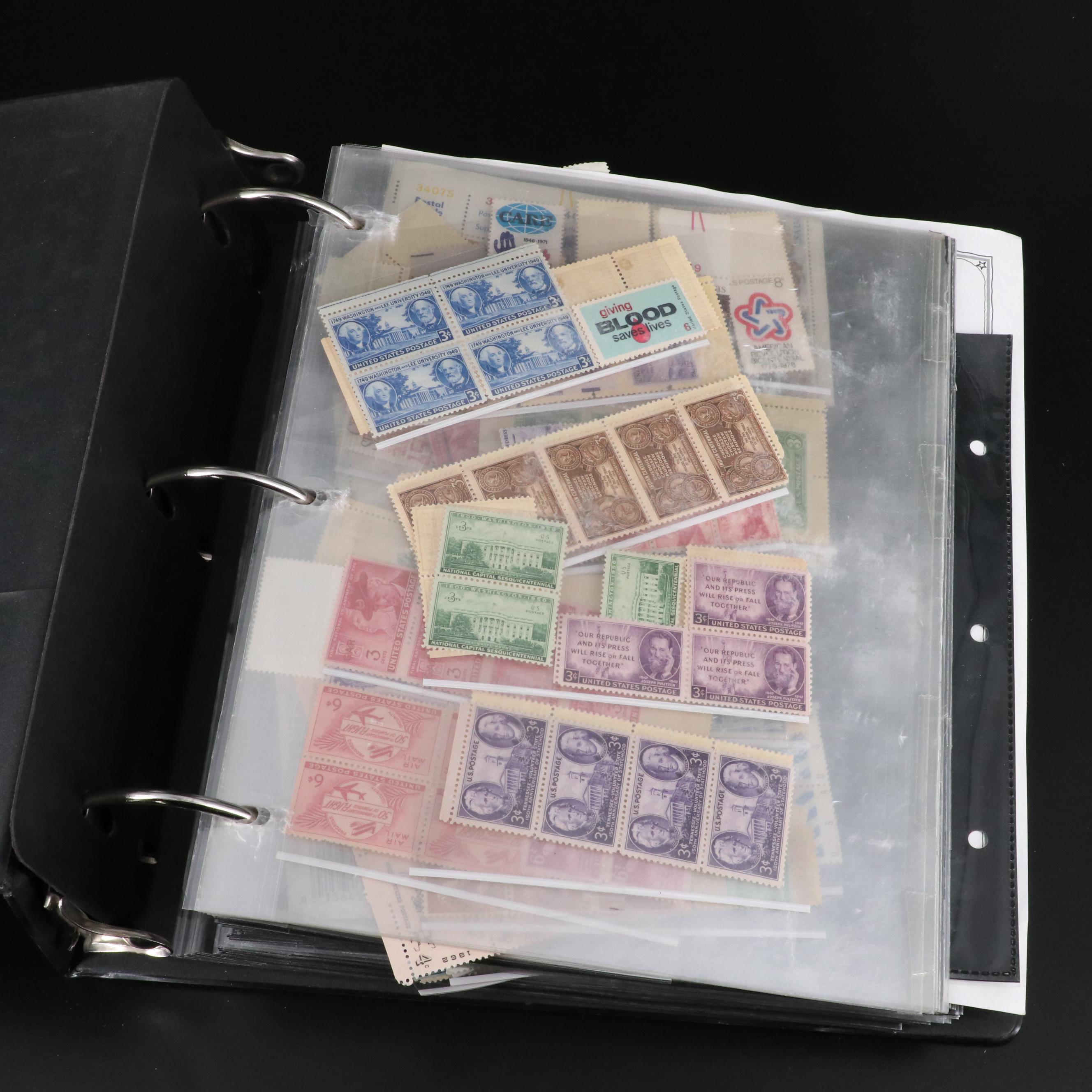 Album With U.S. Unused Blocks of Four and Partial Sheets of Stamps