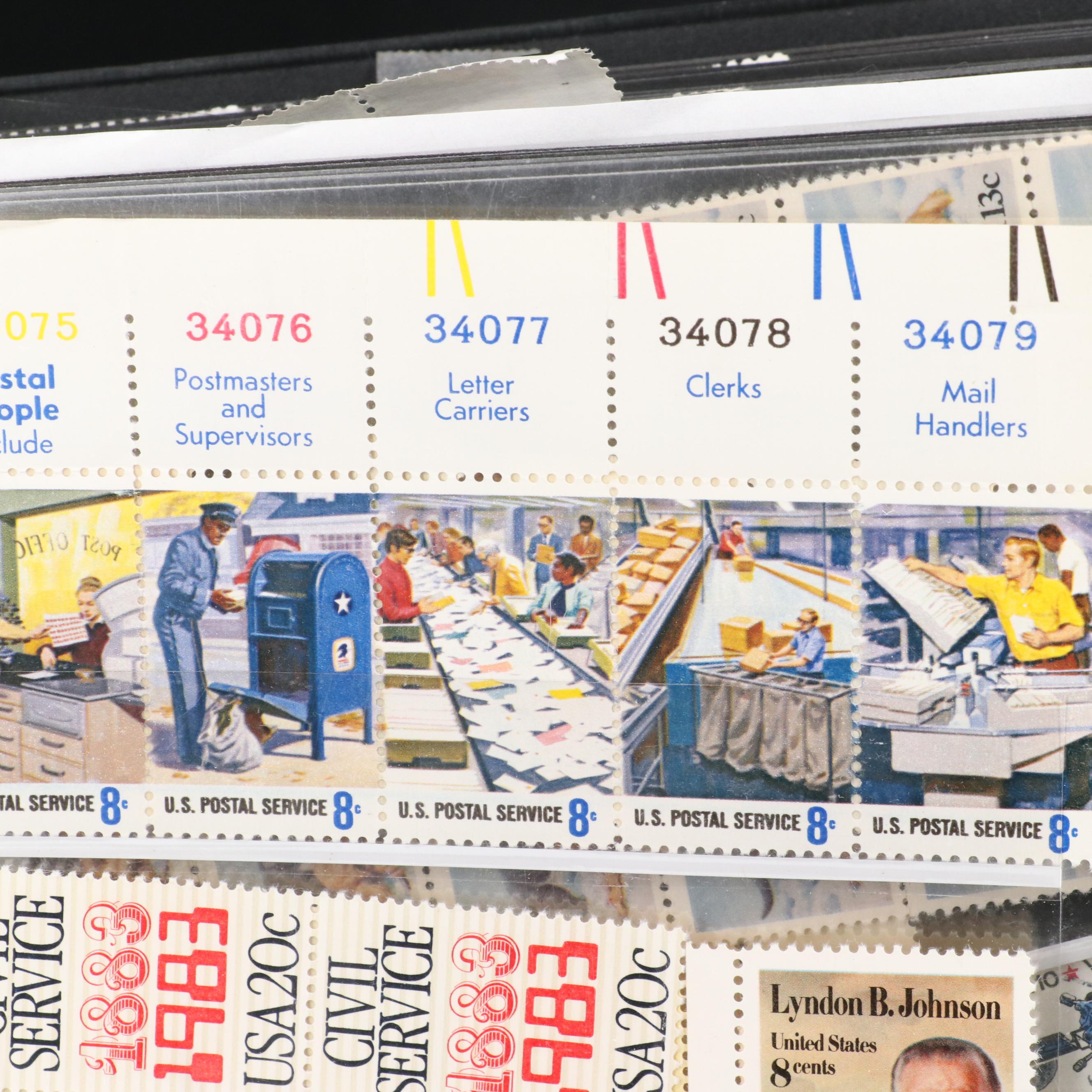 Album With U.S. Unused Blocks of Four and Partial Sheets of Stamps