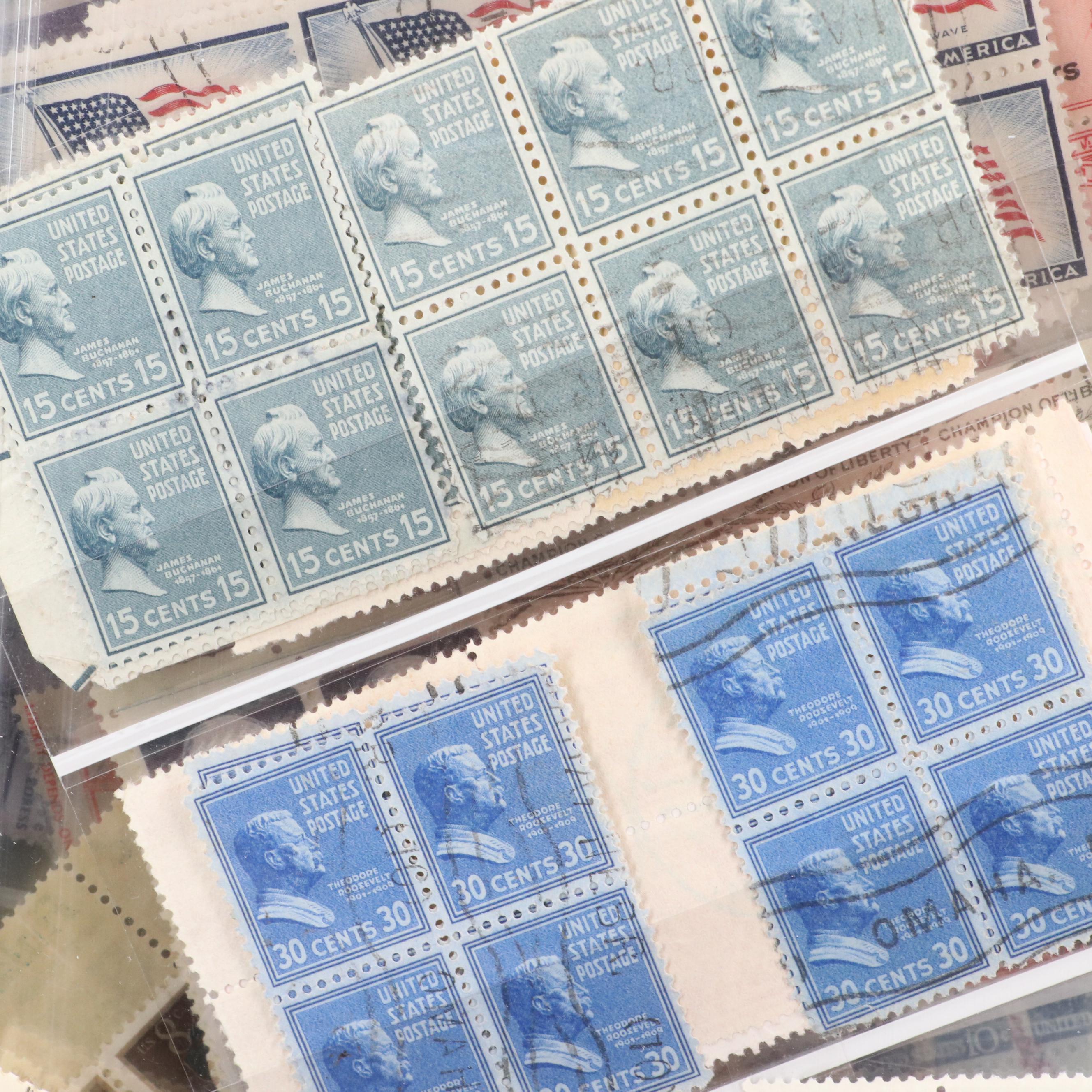 Album With U.S. Unused Blocks of Four and Partial Sheets of Stamps