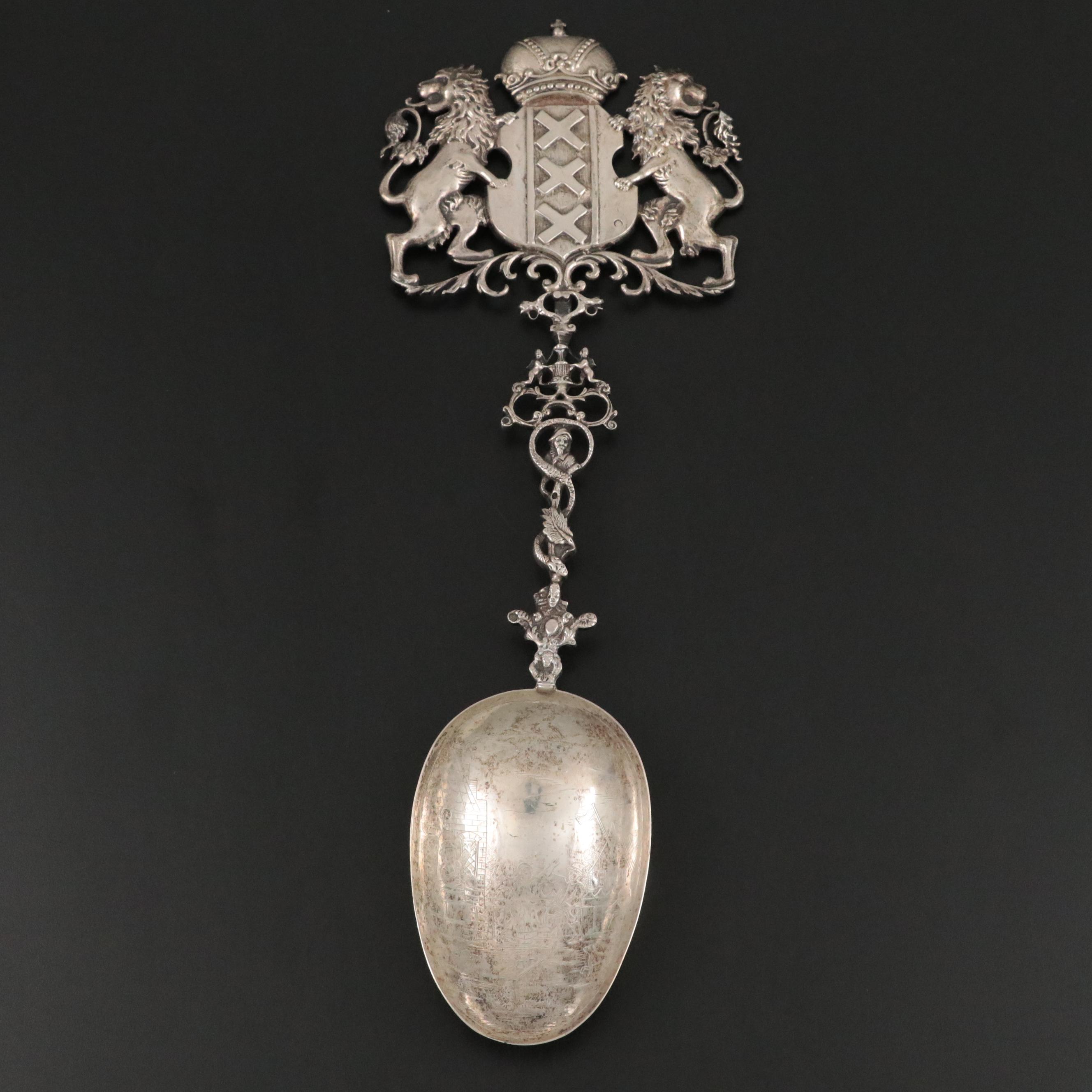 Dutch Baroque Silver 800 Spoon with Ornate Amsterdam Coat of Arms Handle