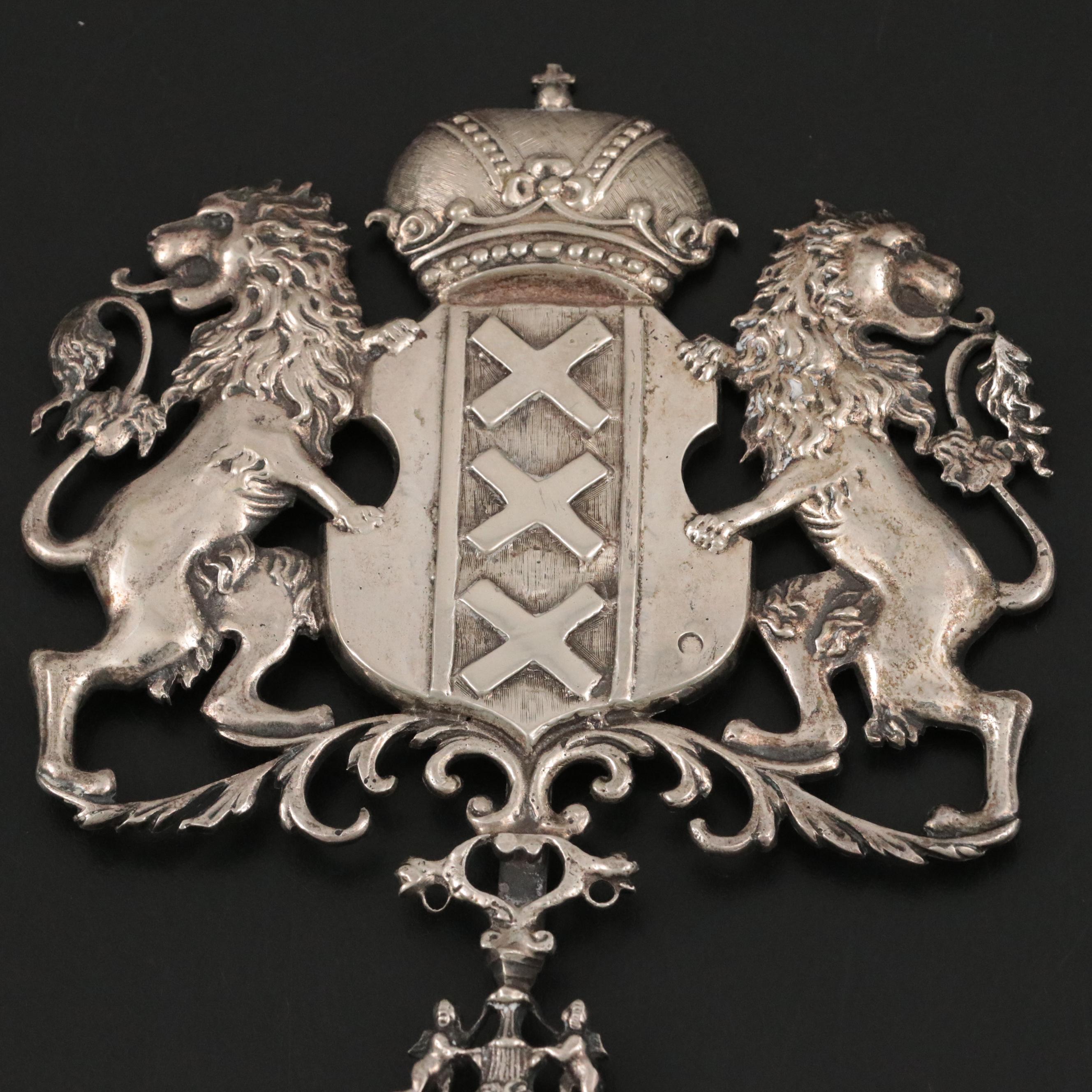 Dutch Baroque Silver 800 Spoon with Ornate Amsterdam Coat of Arms Handle