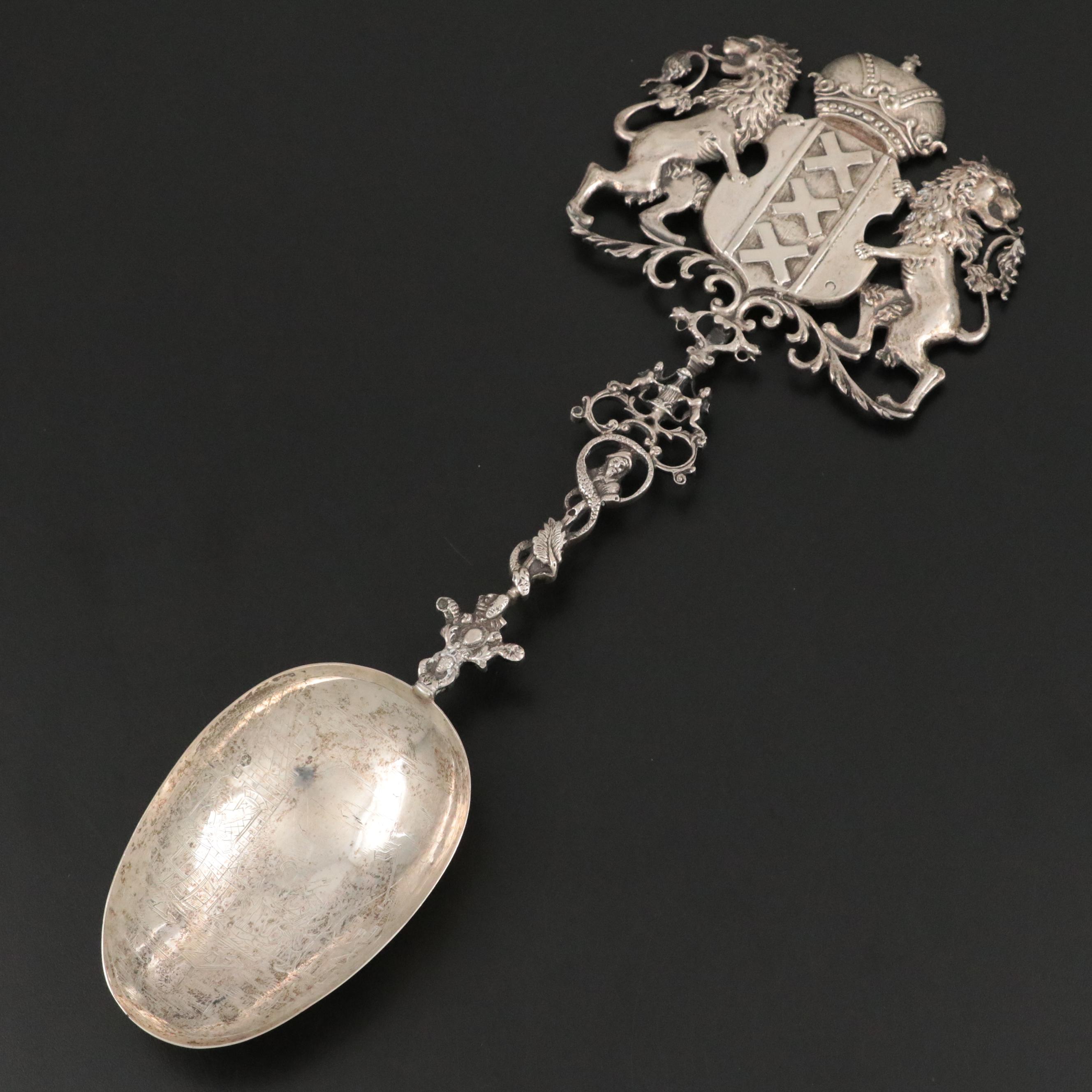 Dutch Baroque Silver 800 Spoon with Ornate Amsterdam Coat of Arms Handle