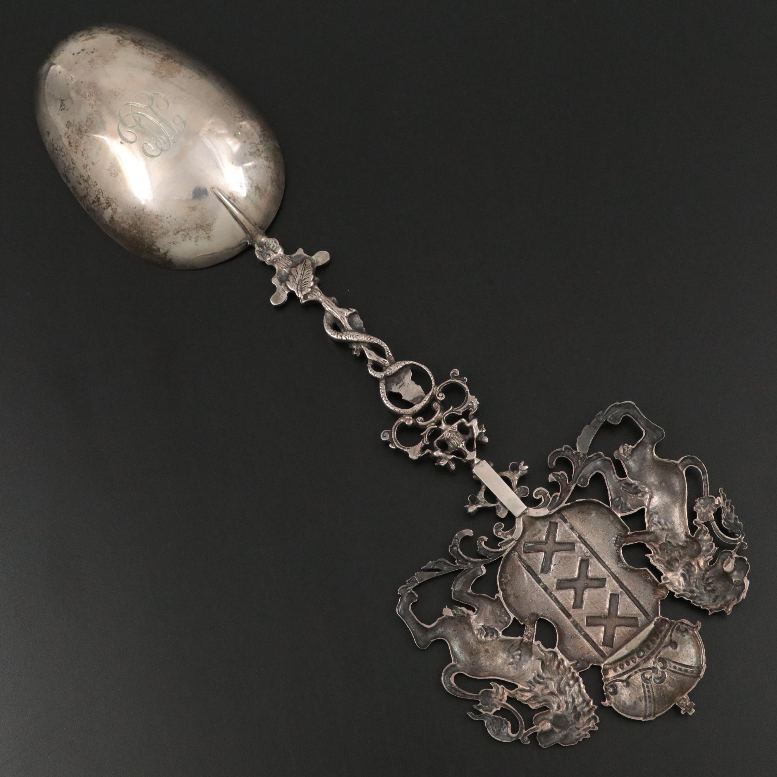Dutch Baroque Silver 800 Spoon with Ornate Amsterdam Coat of Arms Handle