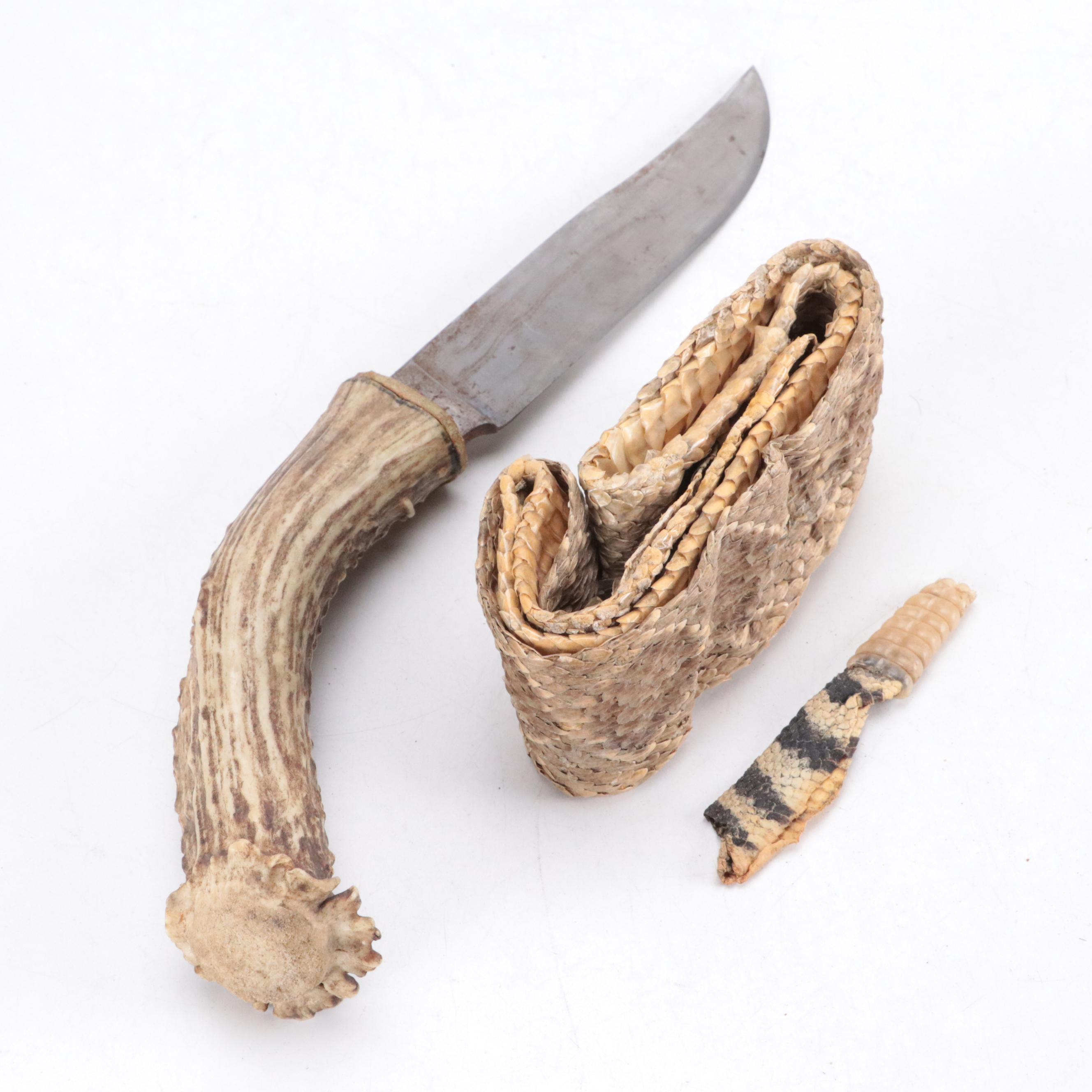 Rattlesnake Skin With Rattle and Antler-Handled Knife