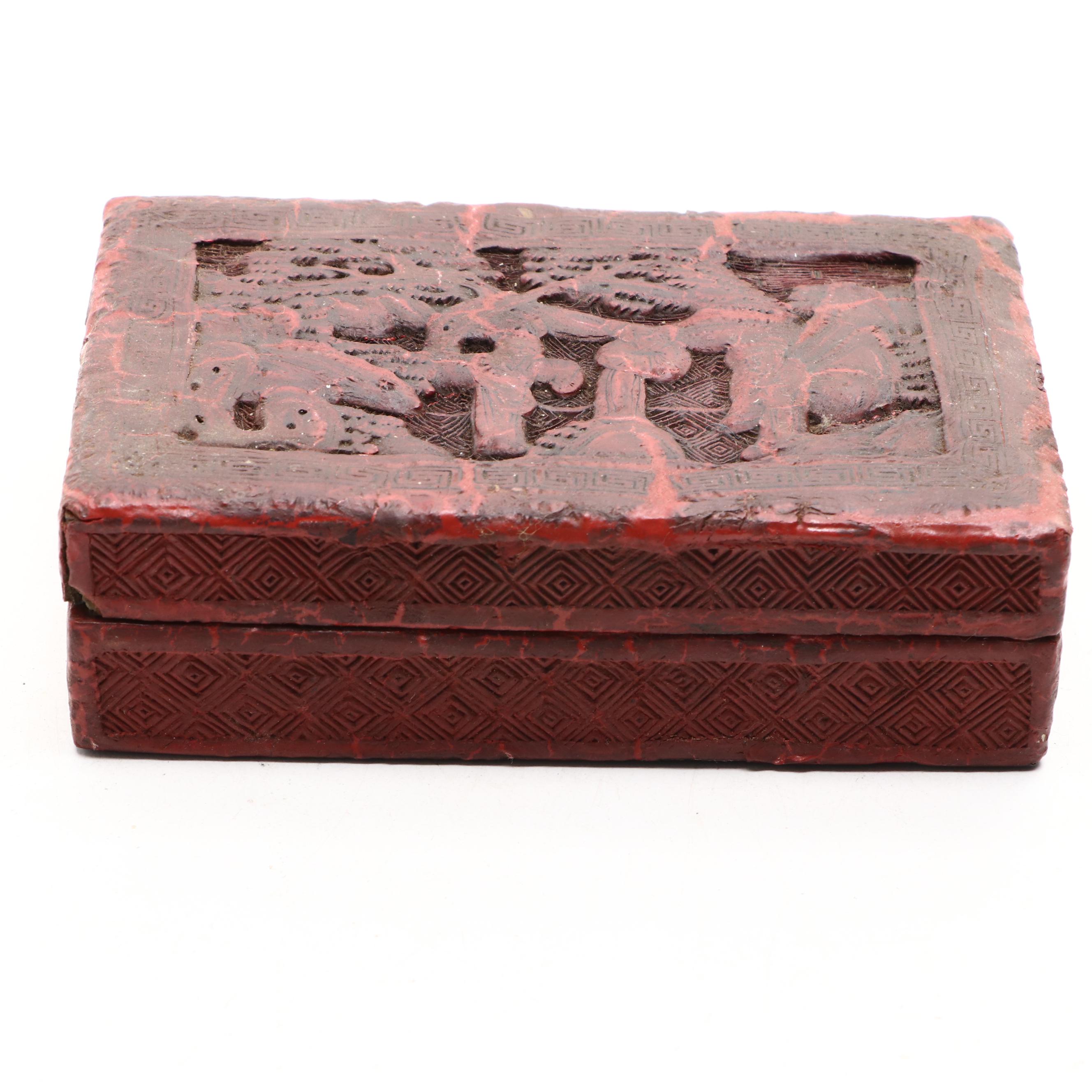 Chinese Style Lacquerware Box, Brush Pot with Metal Trinket Boxes