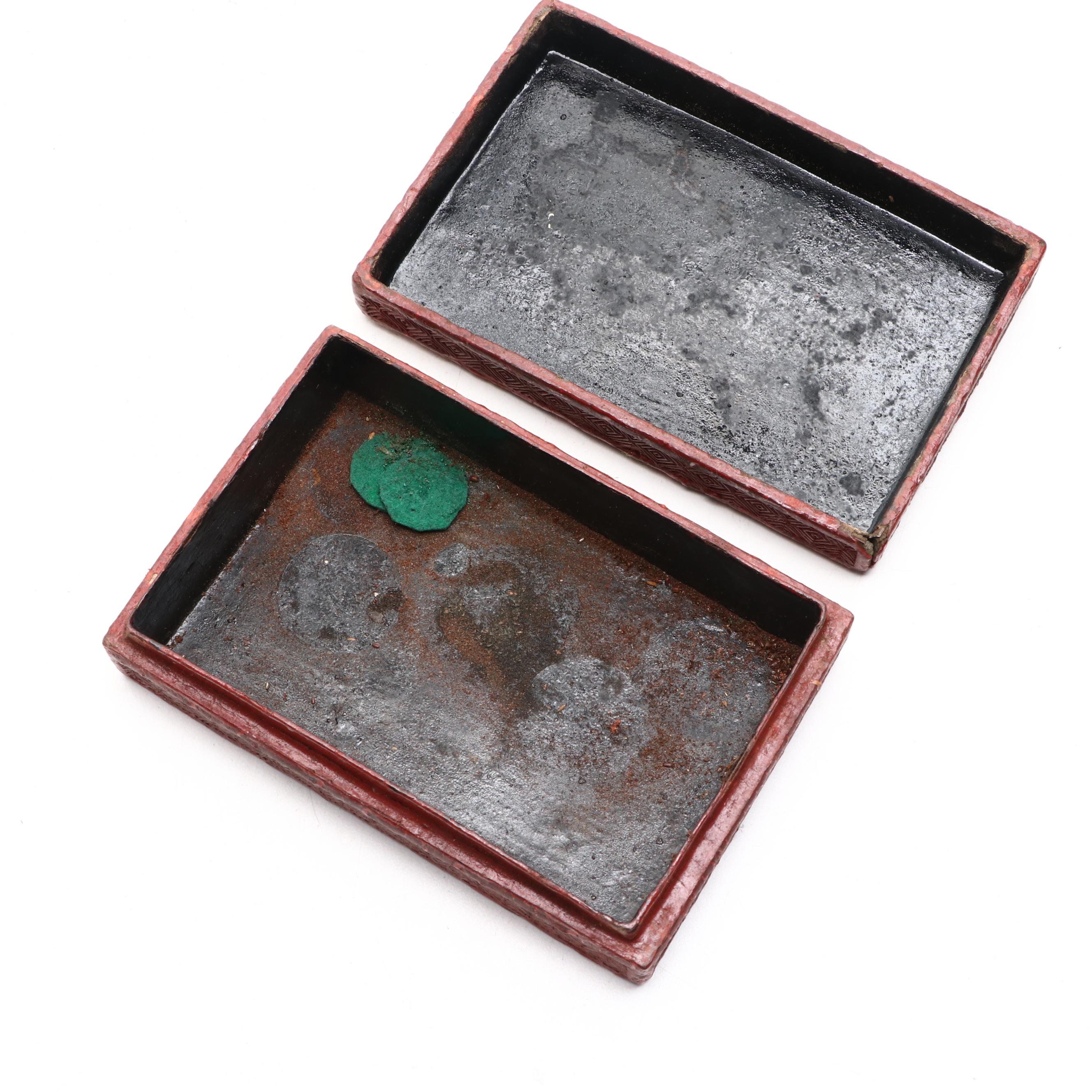 Chinese Style Lacquerware Box, Brush Pot with Metal Trinket Boxes