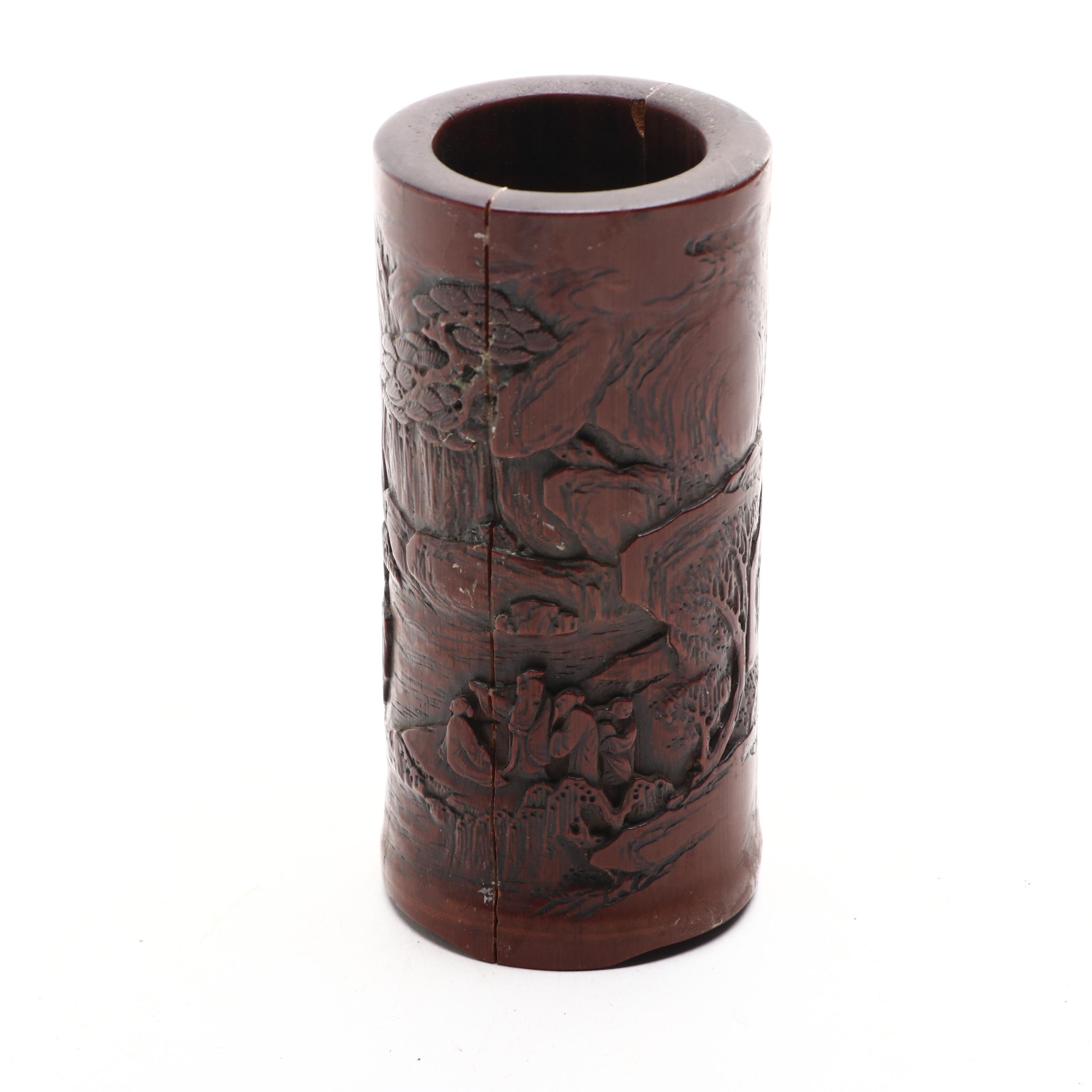 Chinese Style Lacquerware Box, Brush Pot with Metal Trinket Boxes