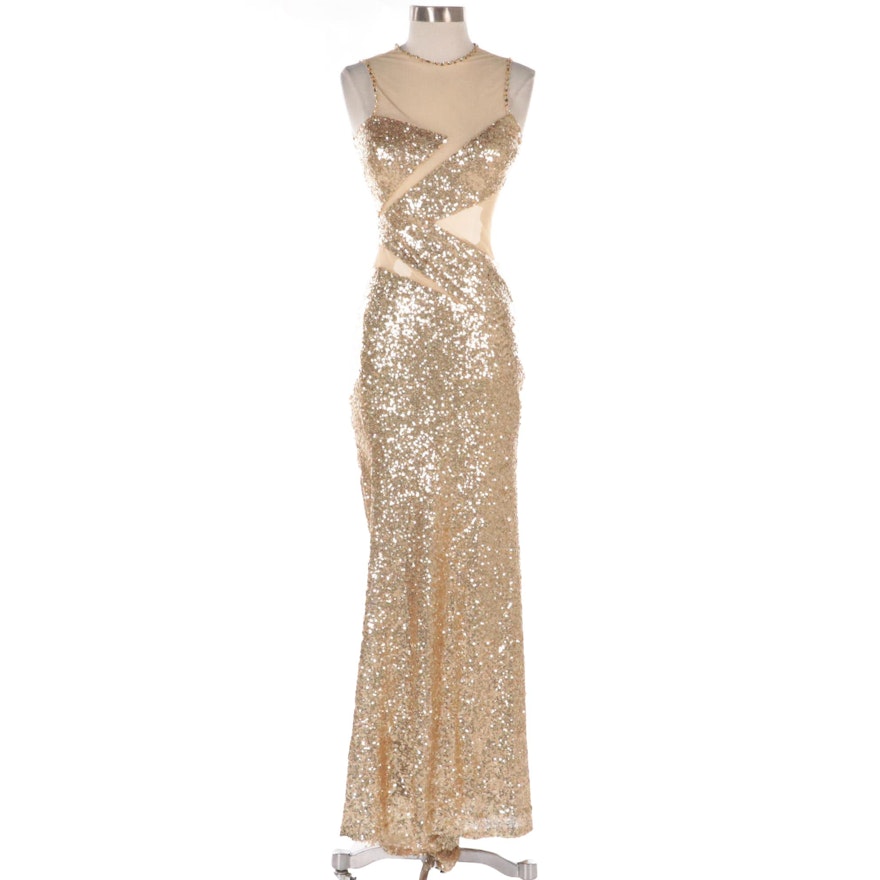 Night Moves Illusion Cutout Sequin Bodycon Gown with Sweep Train | EBTH