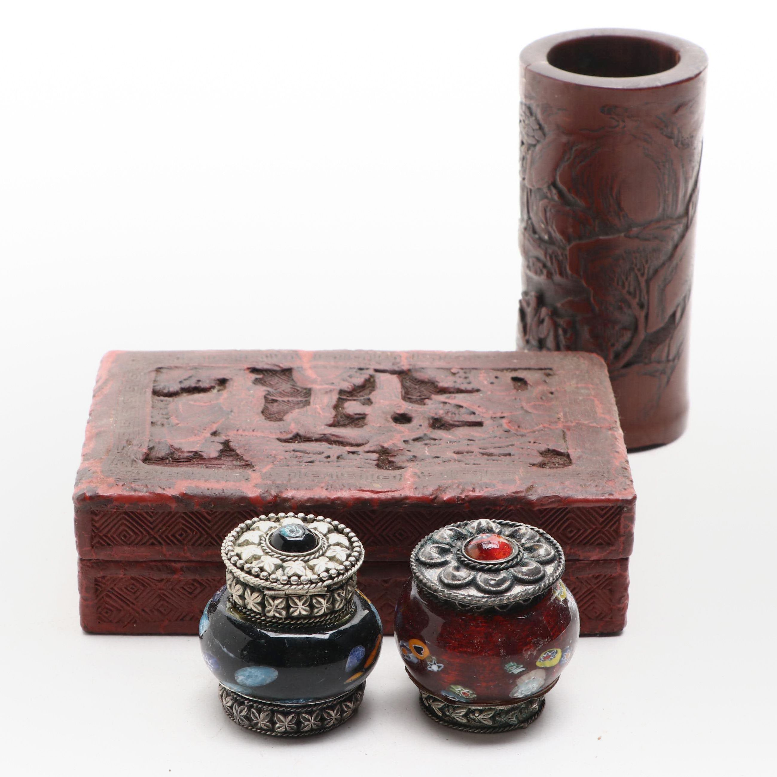 Chinese Style Lacquerware Box, Brush Pot with Metal Trinket Boxes