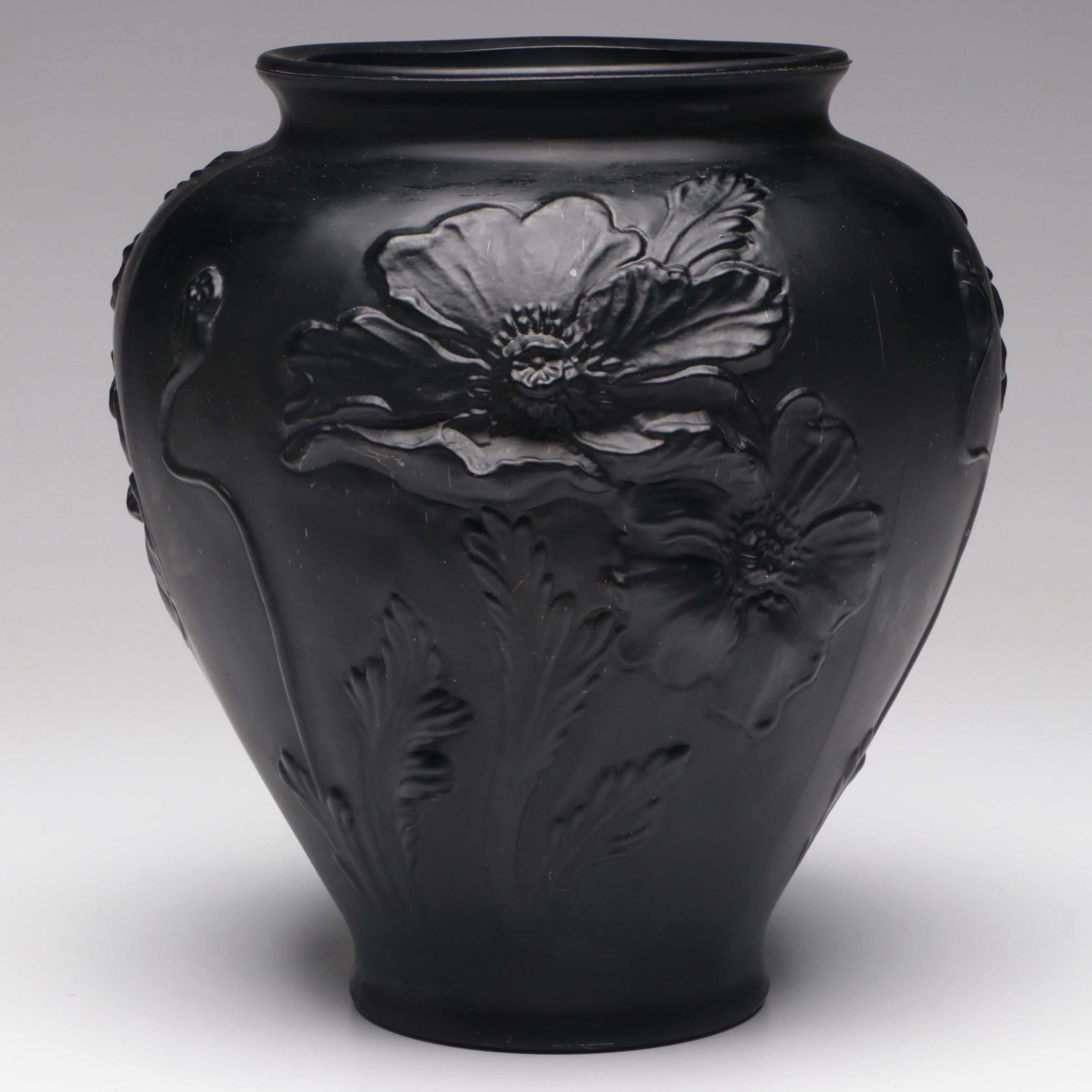Tiffin Black Satin Glass "Poppy" Vase with Phoenix and Consolidated Glass Vase