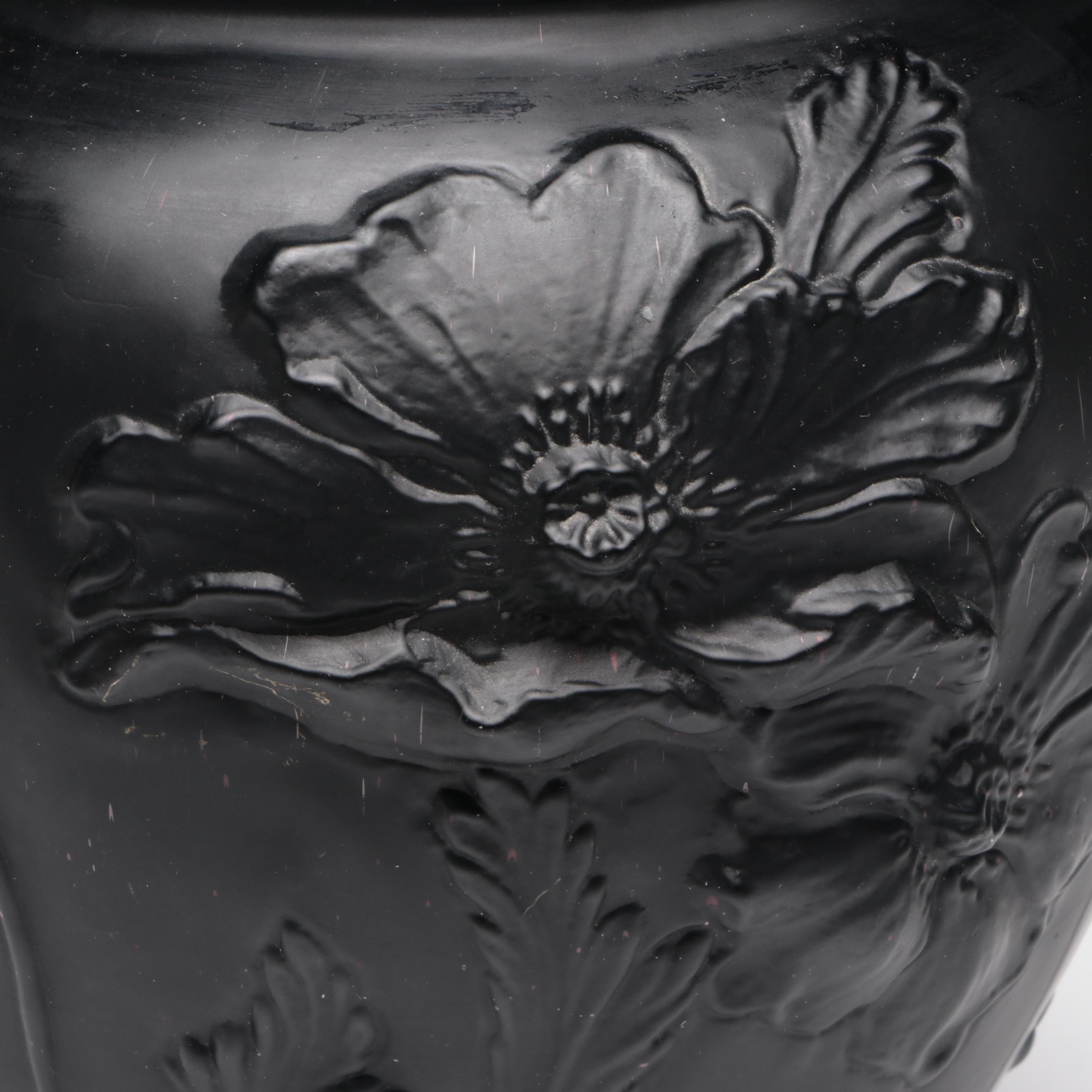 Tiffin Black Satin Glass "Poppy" Vase with Phoenix and Consolidated Glass Vase
