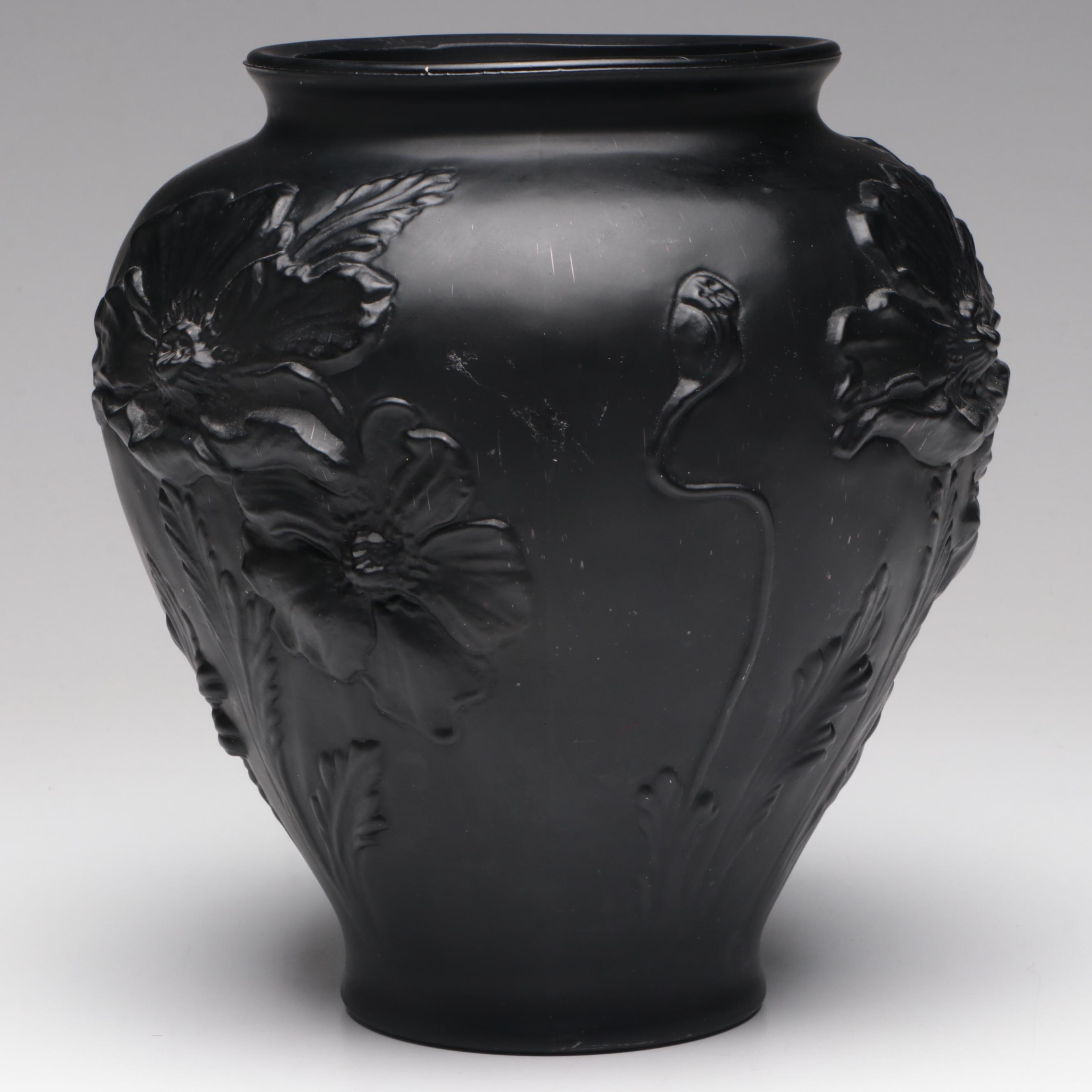 Tiffin Black Satin Glass "Poppy" Vase with Phoenix and Consolidated Glass Vase