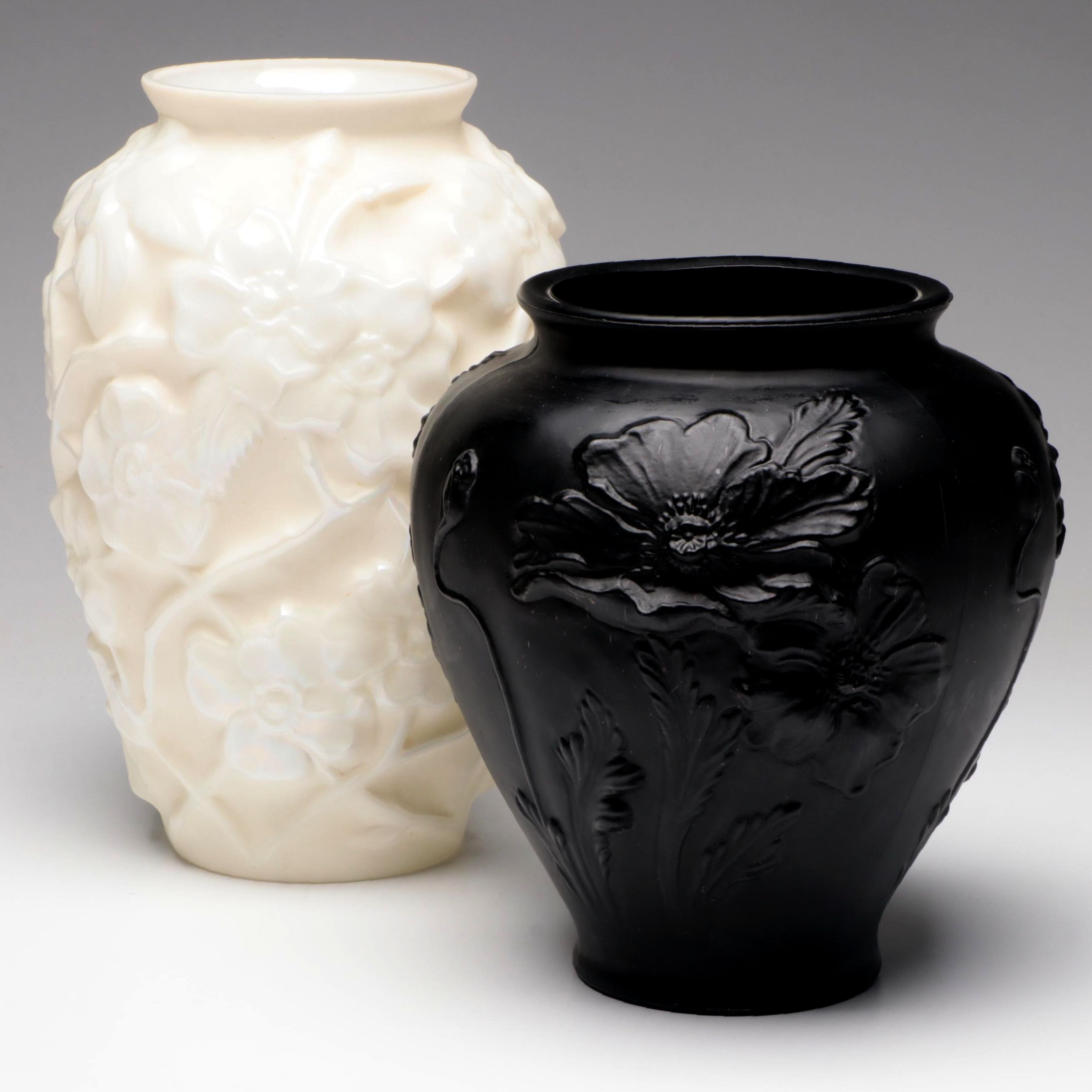 Tiffin Black Satin Glass "Poppy" Vase with Phoenix and Consolidated Glass Vase