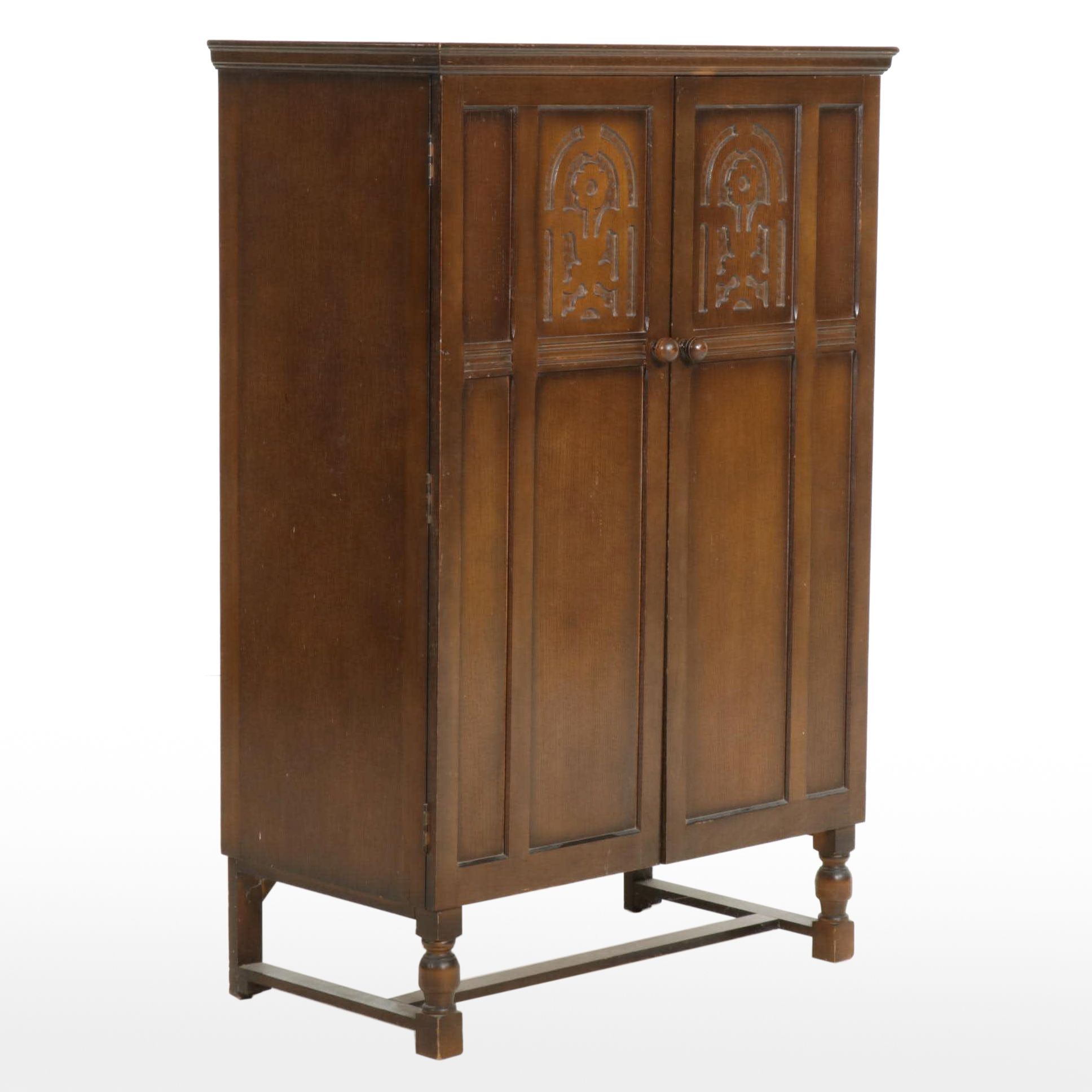 Heathland Furniture Jacobean Style Oak Linen Cabinet, 1930s