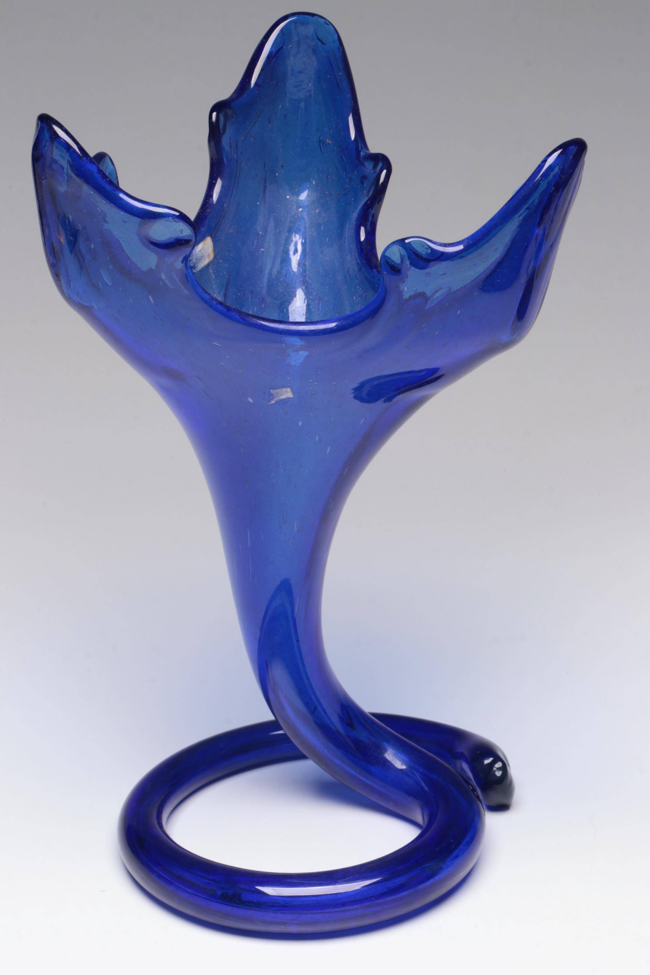Cobalt Blue Glass Pressed Shell Plates with Abstract Blown Cobalt Glass Vase