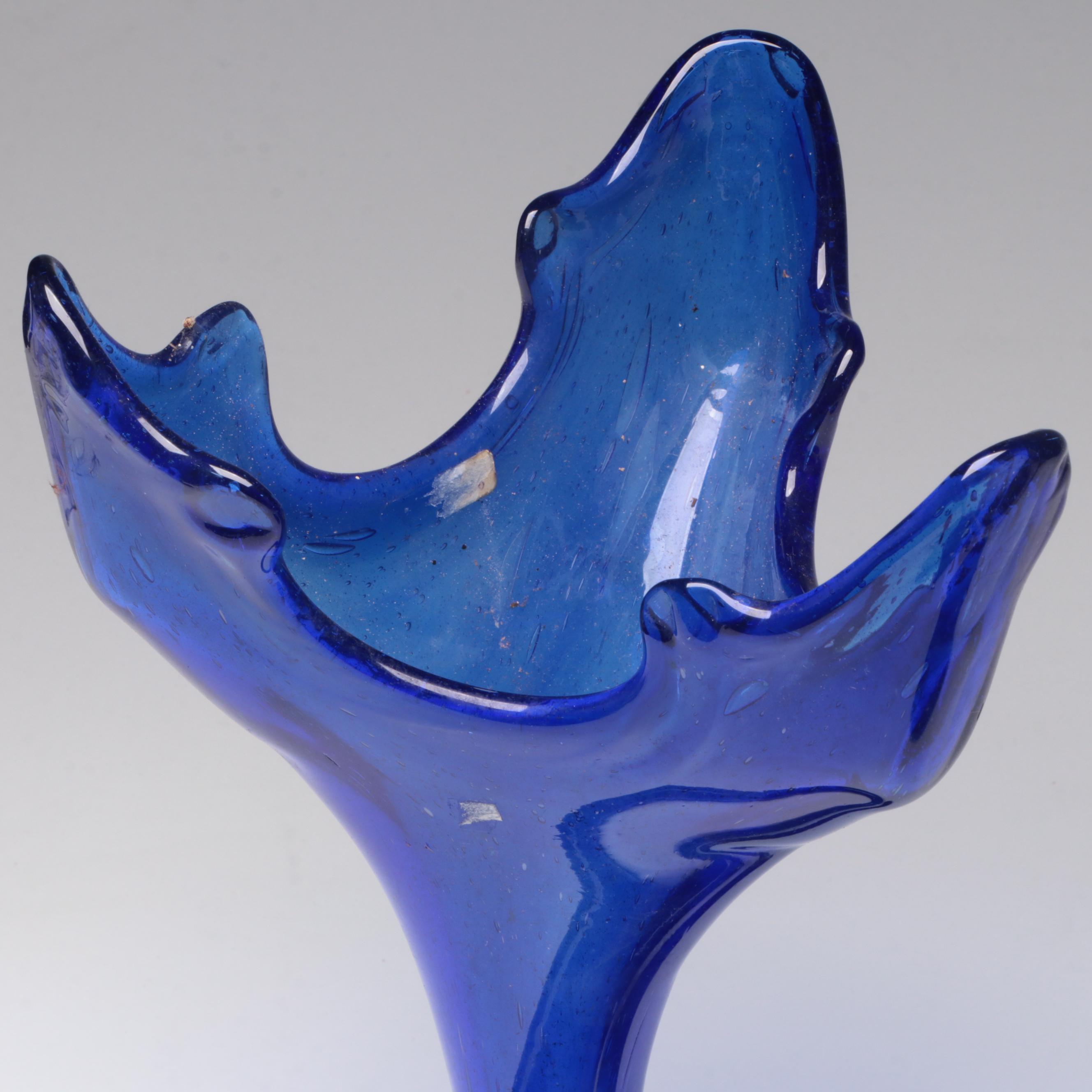 Cobalt Blue Glass Pressed Shell Plates with Abstract Blown Cobalt Glass