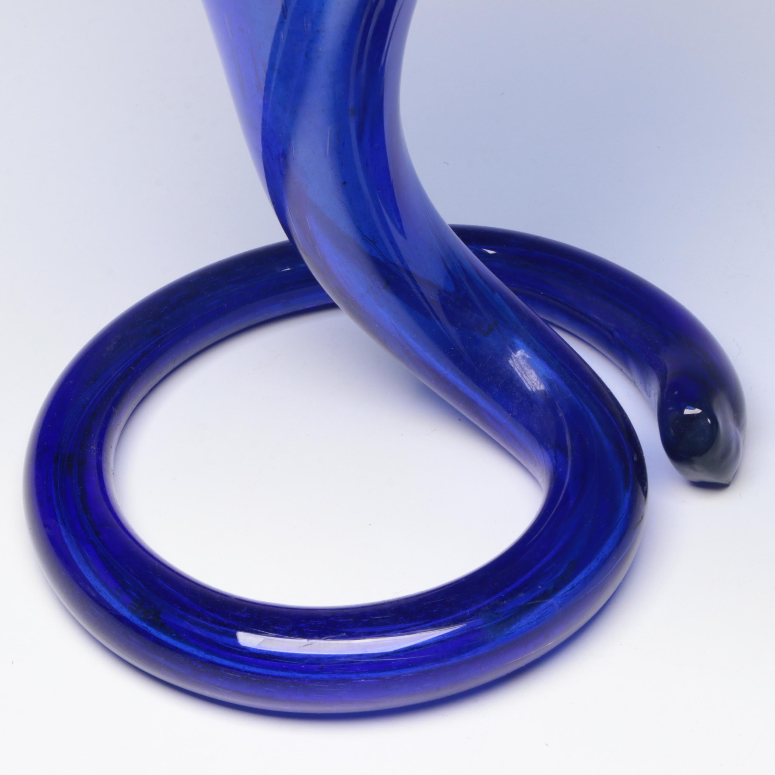 Cobalt Blue Glass Pressed Shell Plates with Abstract Blown Cobalt Glass Vase