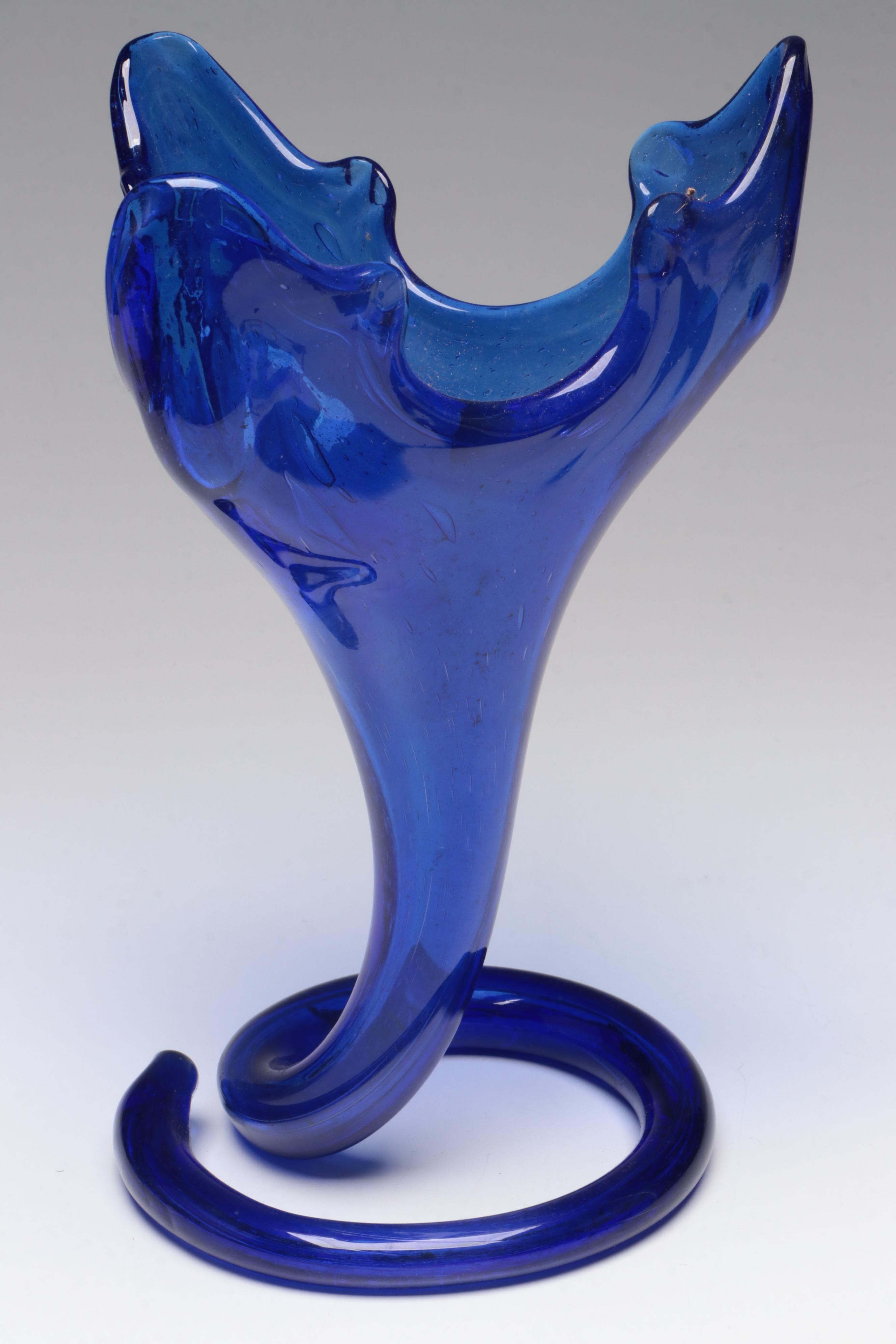 Cobalt Blue Glass Pressed Shell Plates with Abstract Blown Cobalt Glass Vase