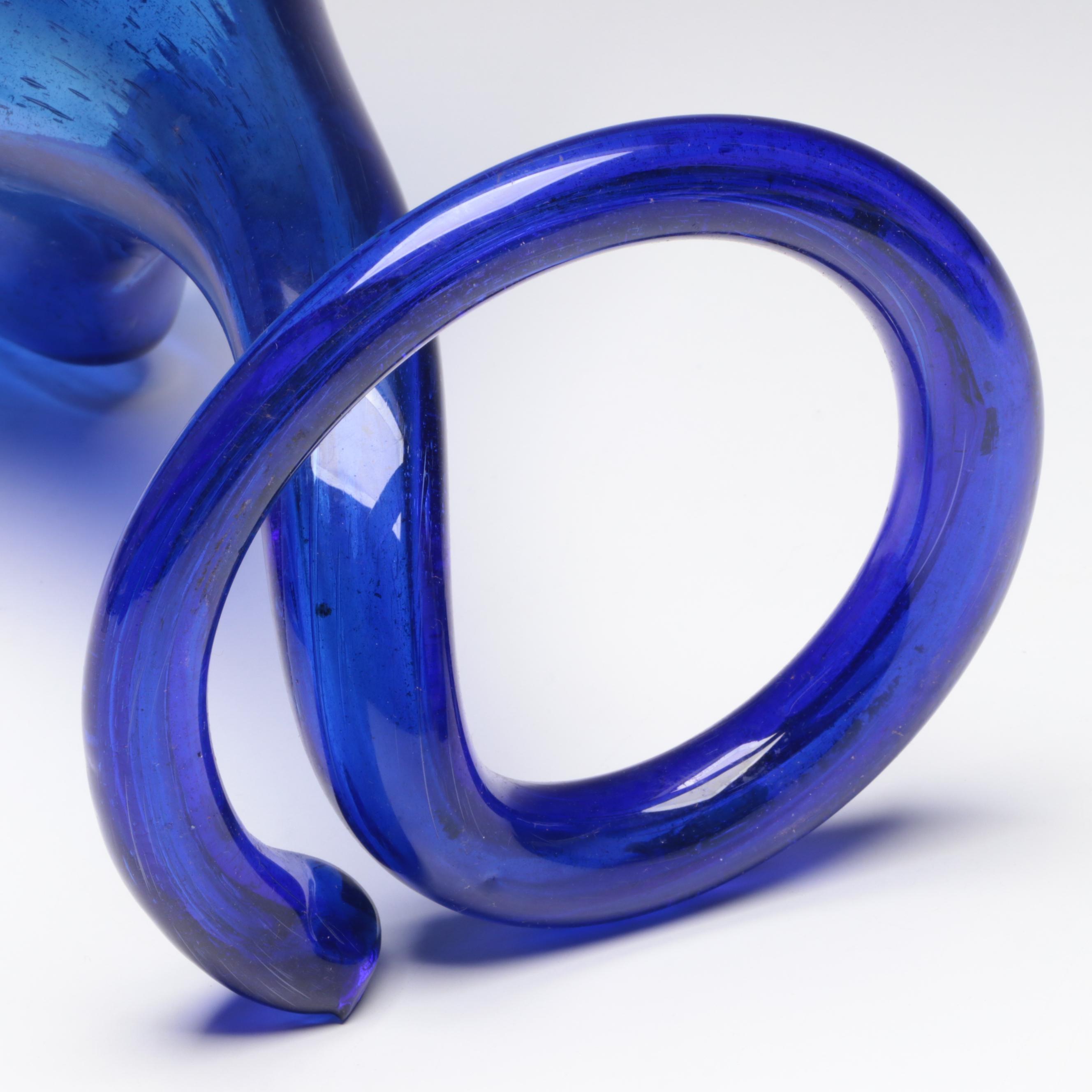 Cobalt Blue Glass Pressed Shell Plates with Abstract Blown Cobalt Glass Vase