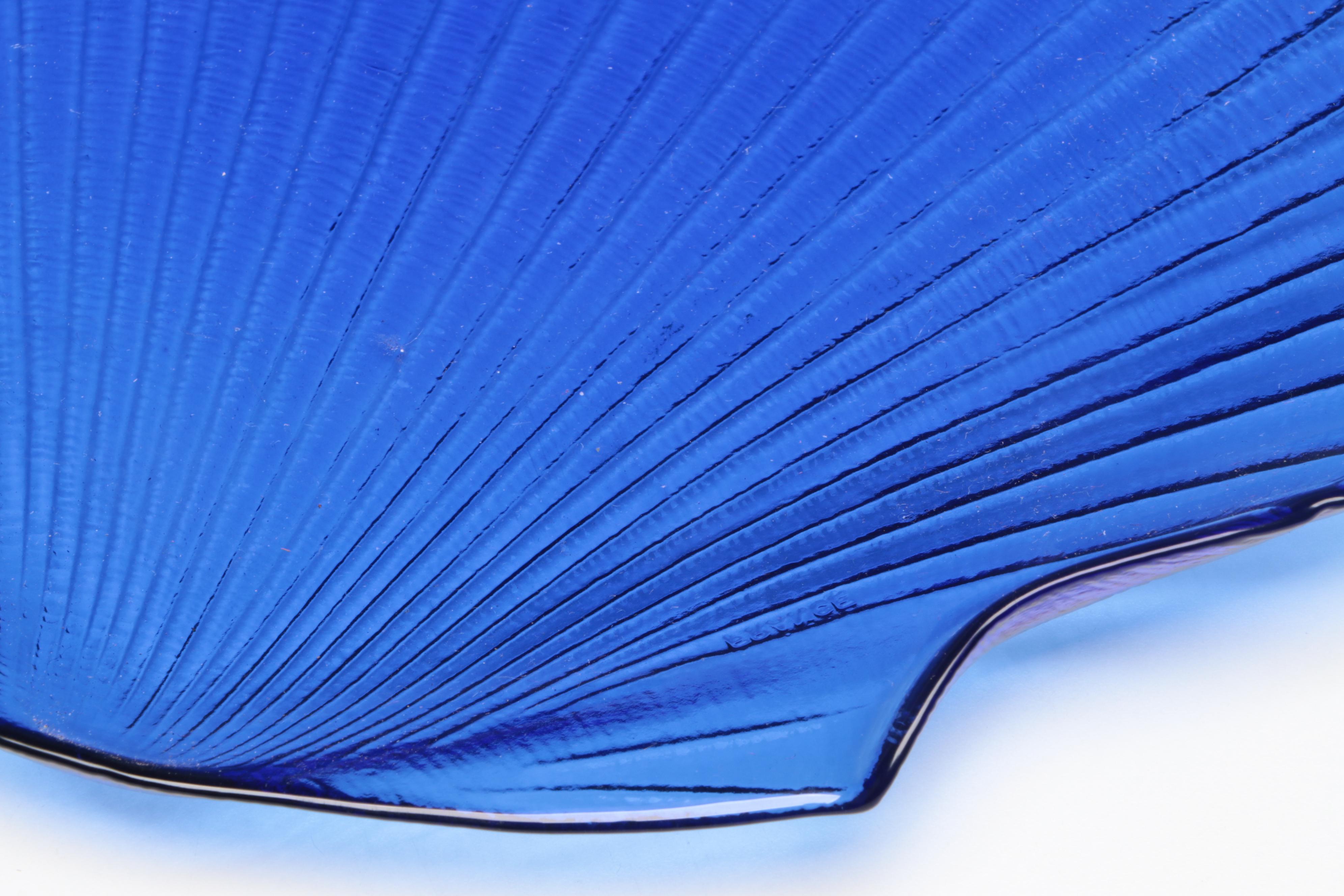 Cobalt Blue Glass Pressed Shell Plates with Abstract Blown Cobalt Glass Vase