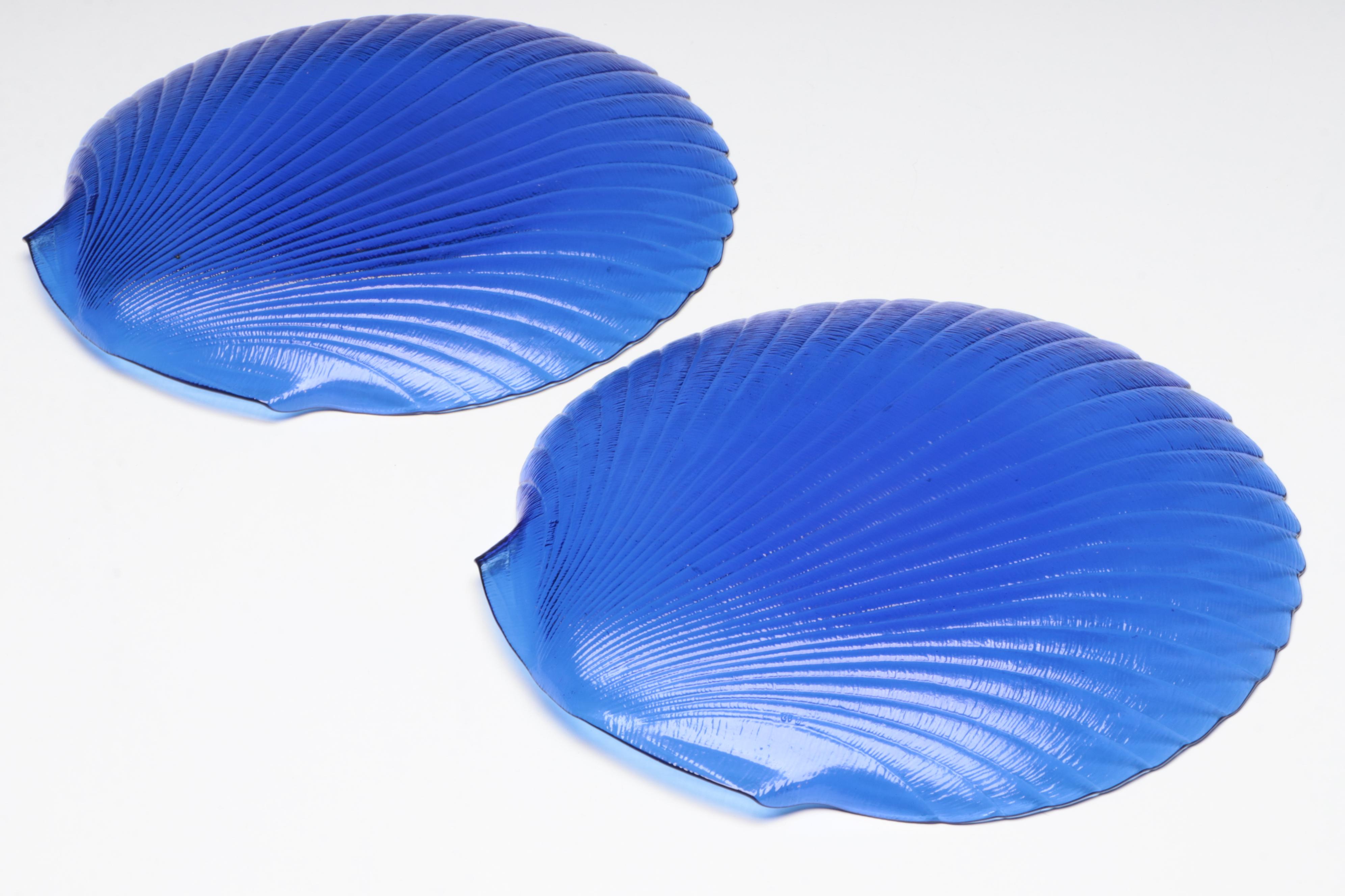 Cobalt Blue Glass Pressed Shell Plates with Abstract Blown Cobalt Glass Vase