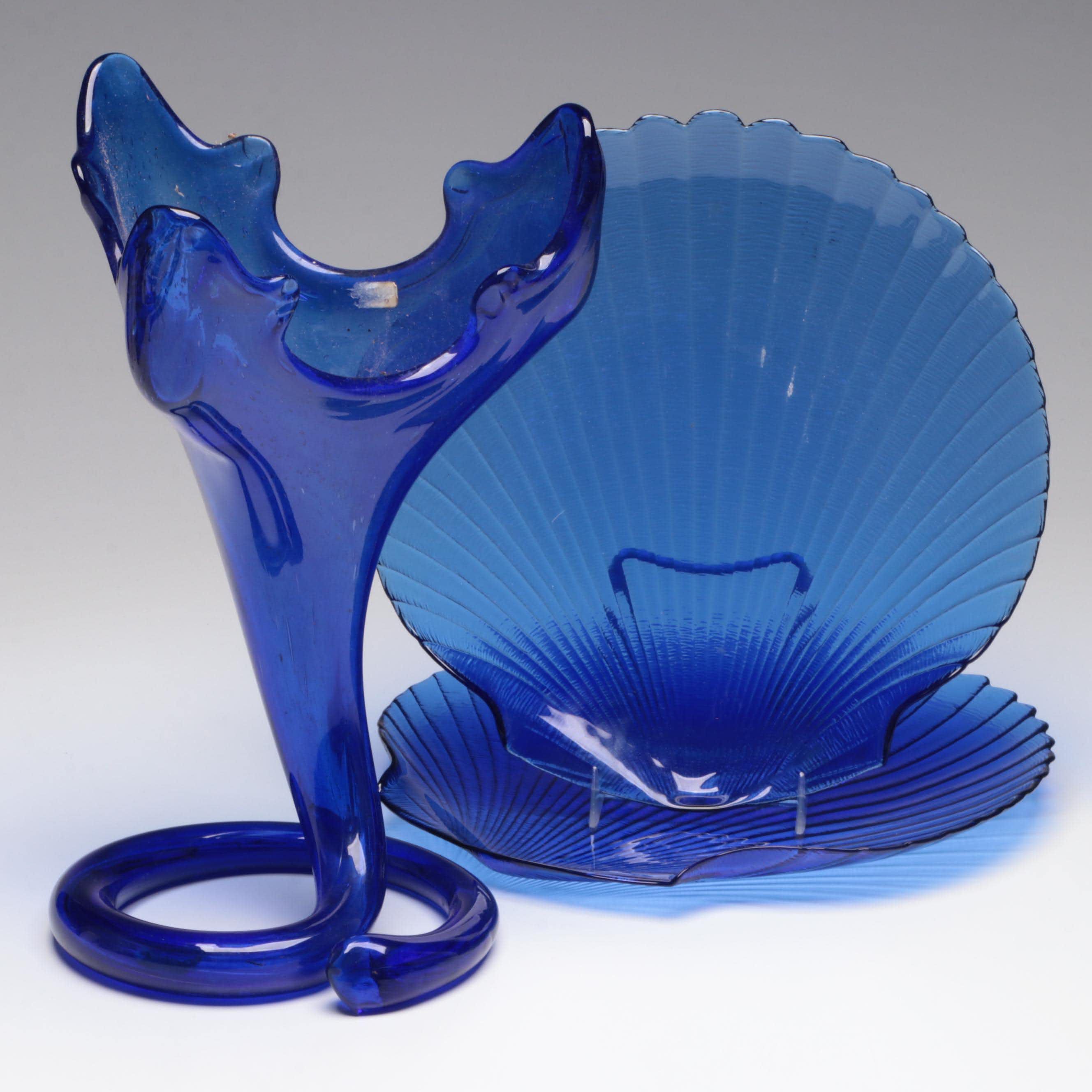 Cobalt Blue Glass Pressed Shell Plates with Abstract Blown Cobalt Glass Vase