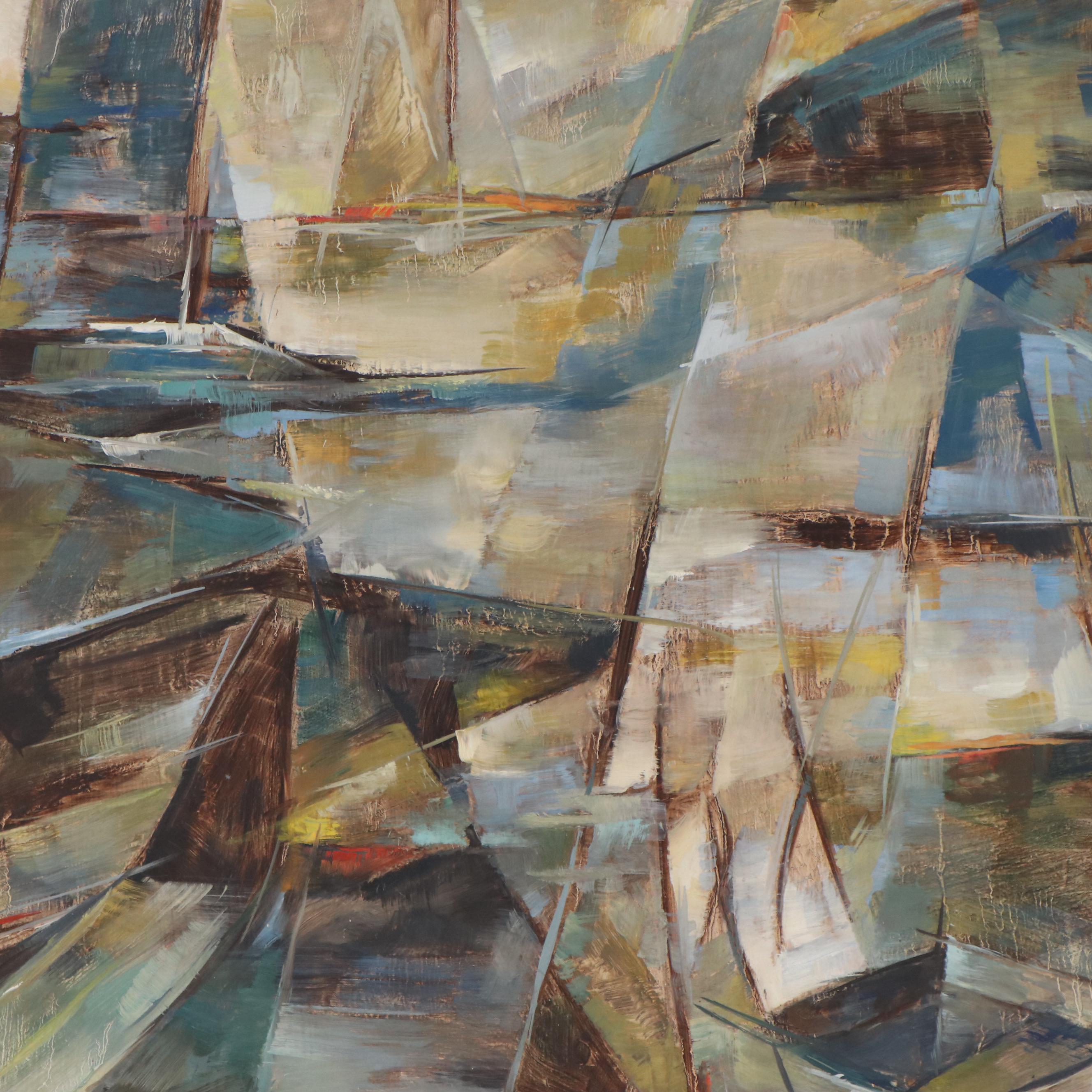 LeFebvre Cubist Nautical Scene Oil Painting, 1967