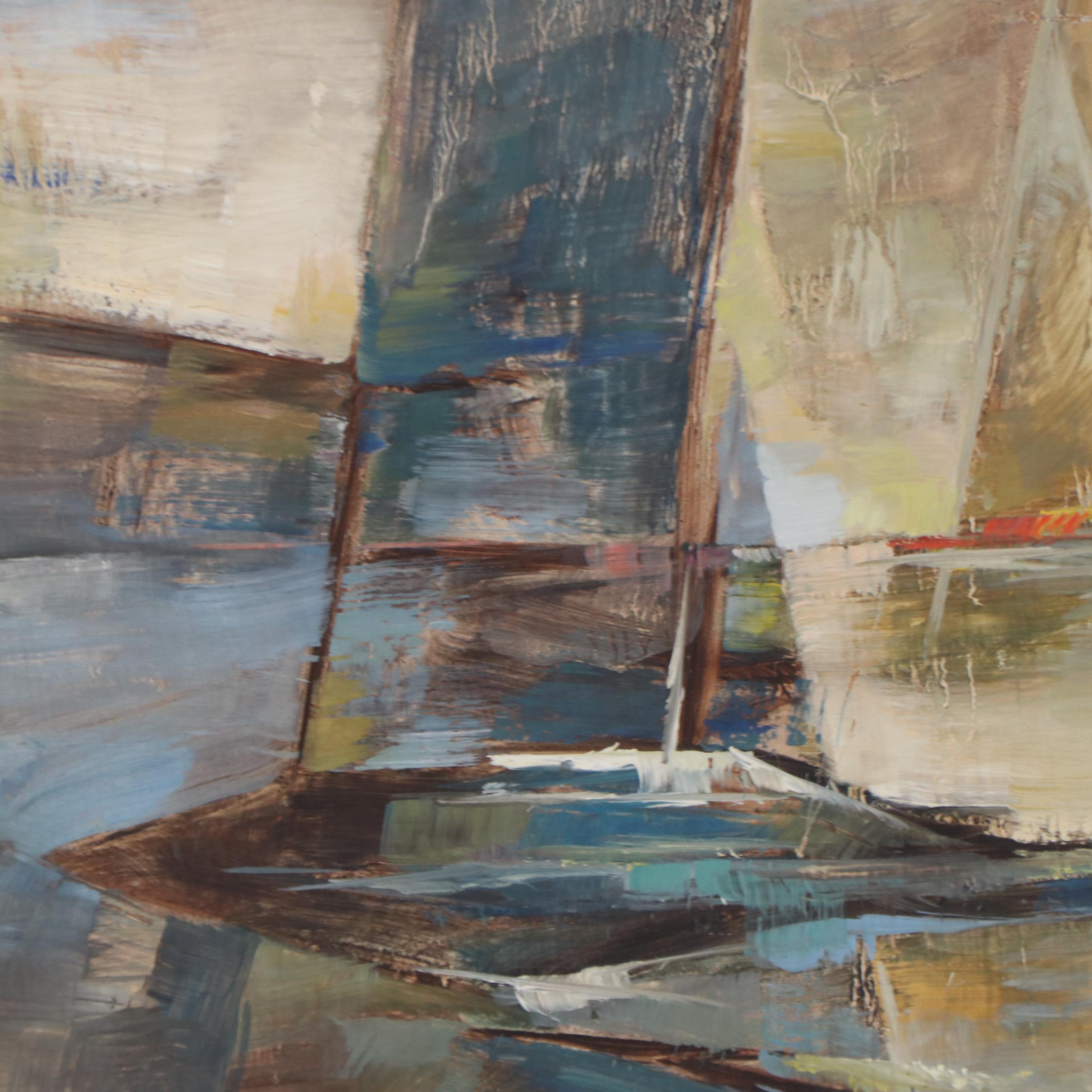LeFebvre Cubist Nautical Scene Oil Painting, 1967
