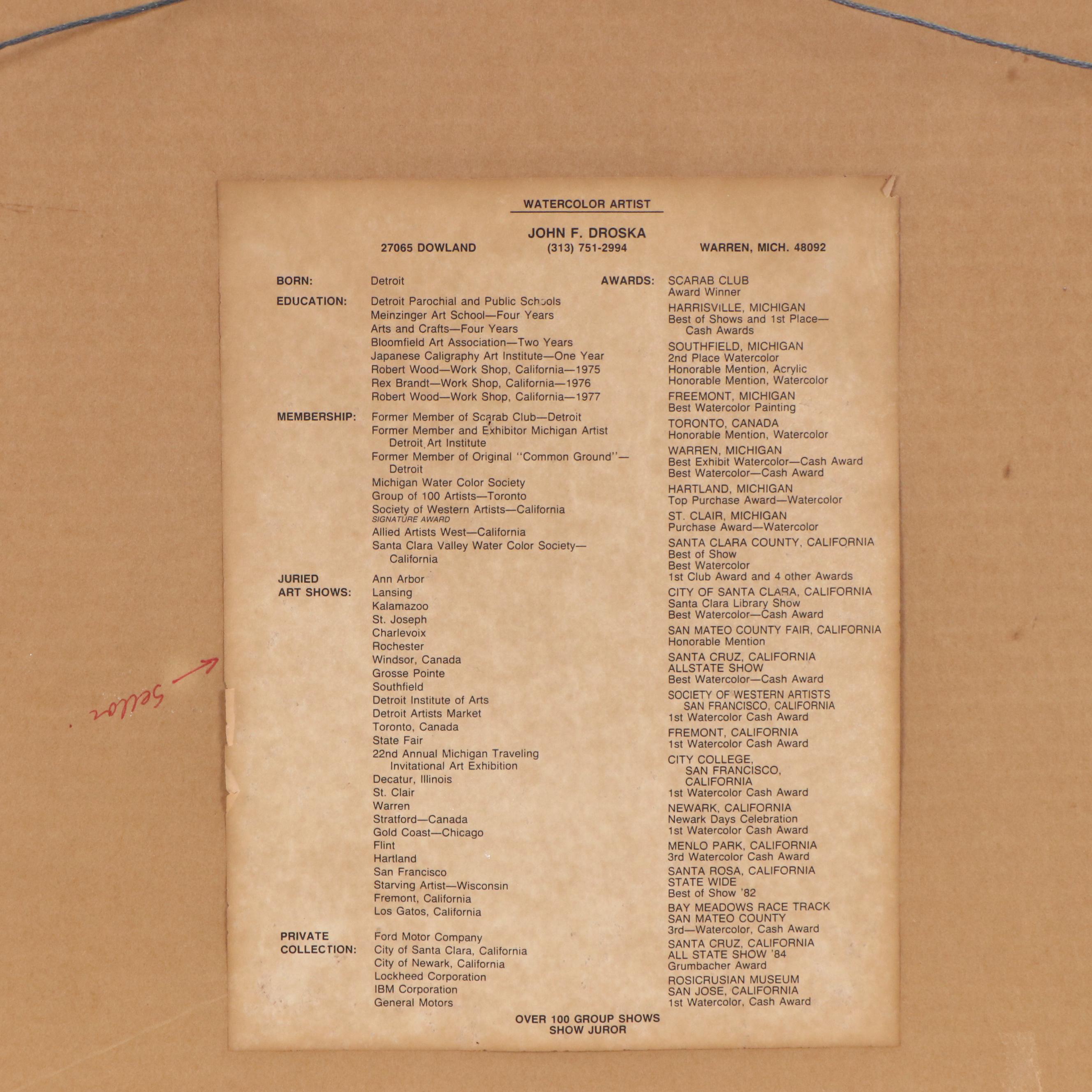 John Droska Watercolor Landscape Painting, Mid to Late 20th Century