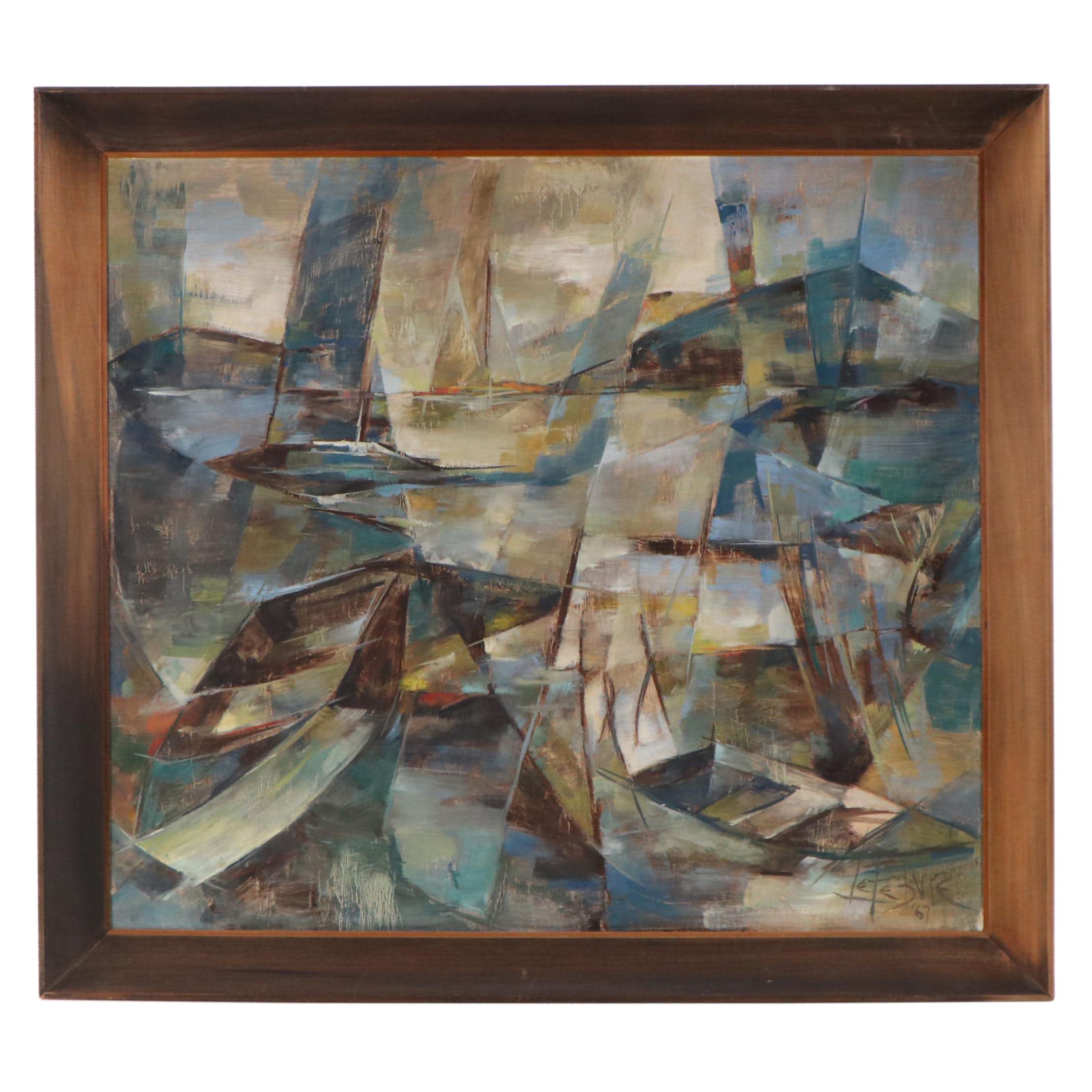 LeFebvre Cubist Nautical Scene Oil Painting, 1967