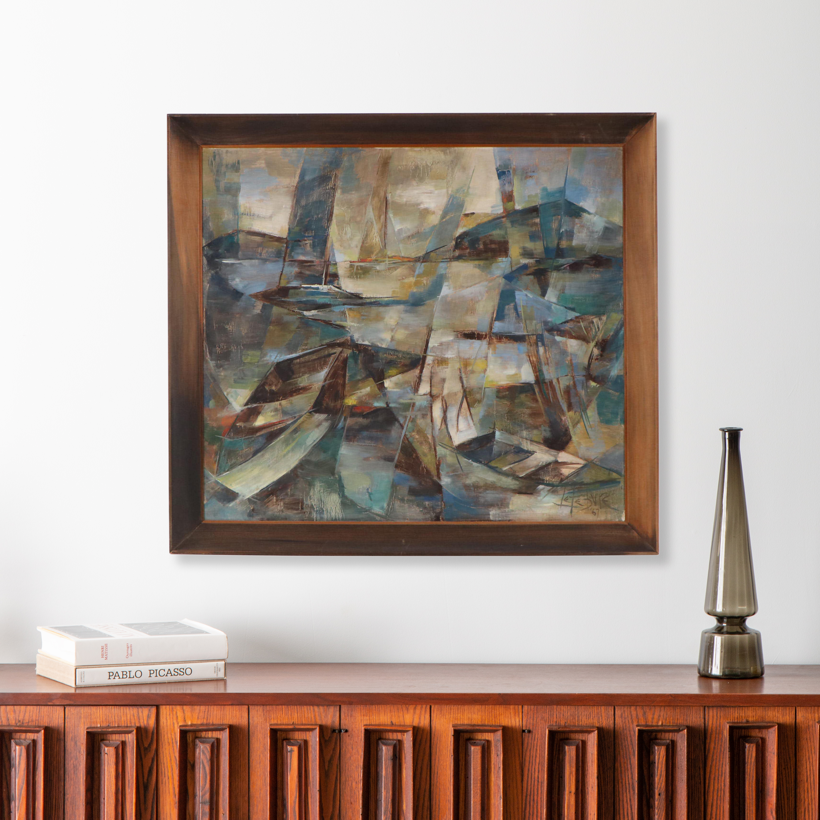 LeFebvre Cubist Nautical Scene Oil Painting, 1967