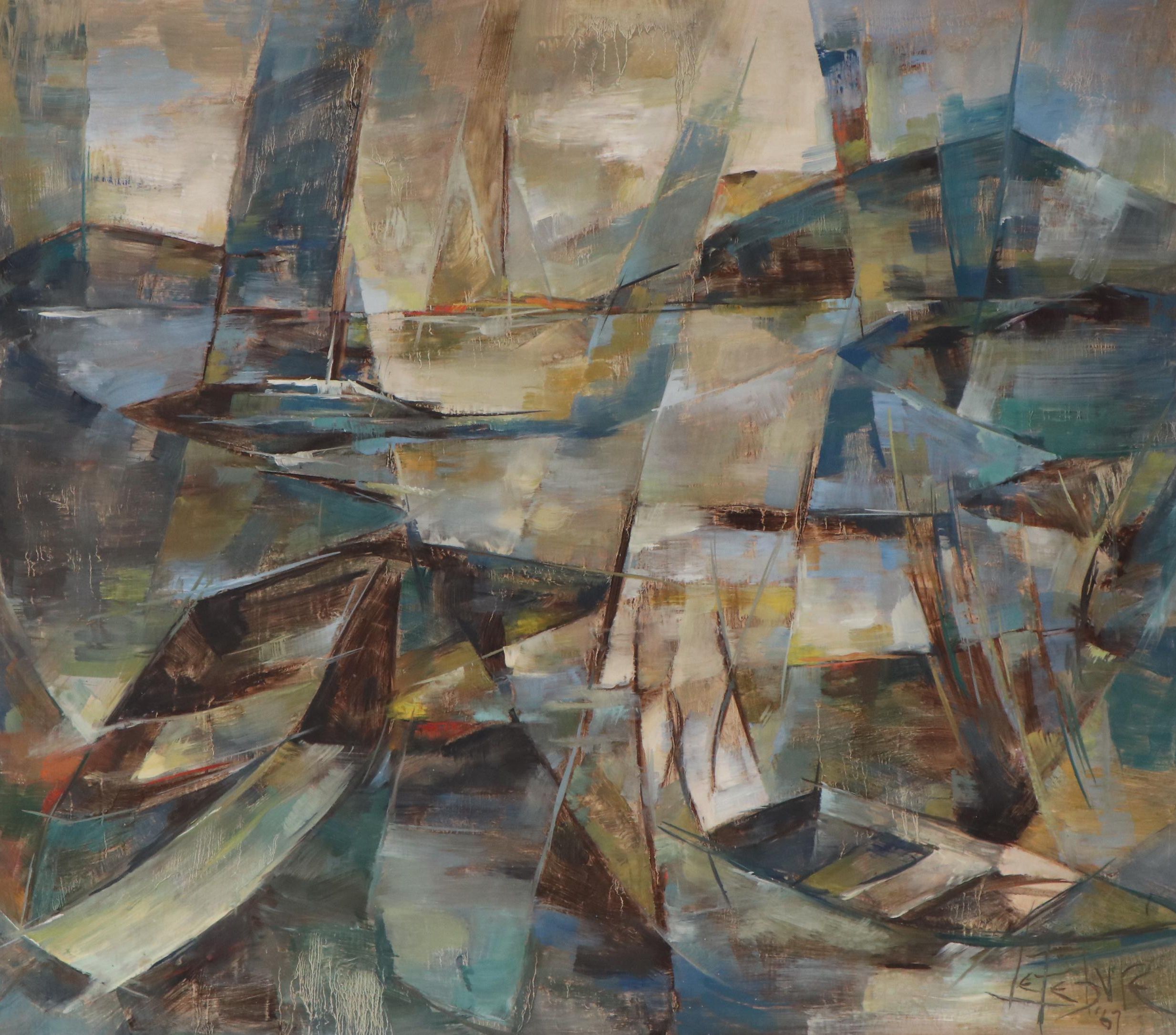 LeFebvre Cubist Nautical Scene Oil Painting, 1967