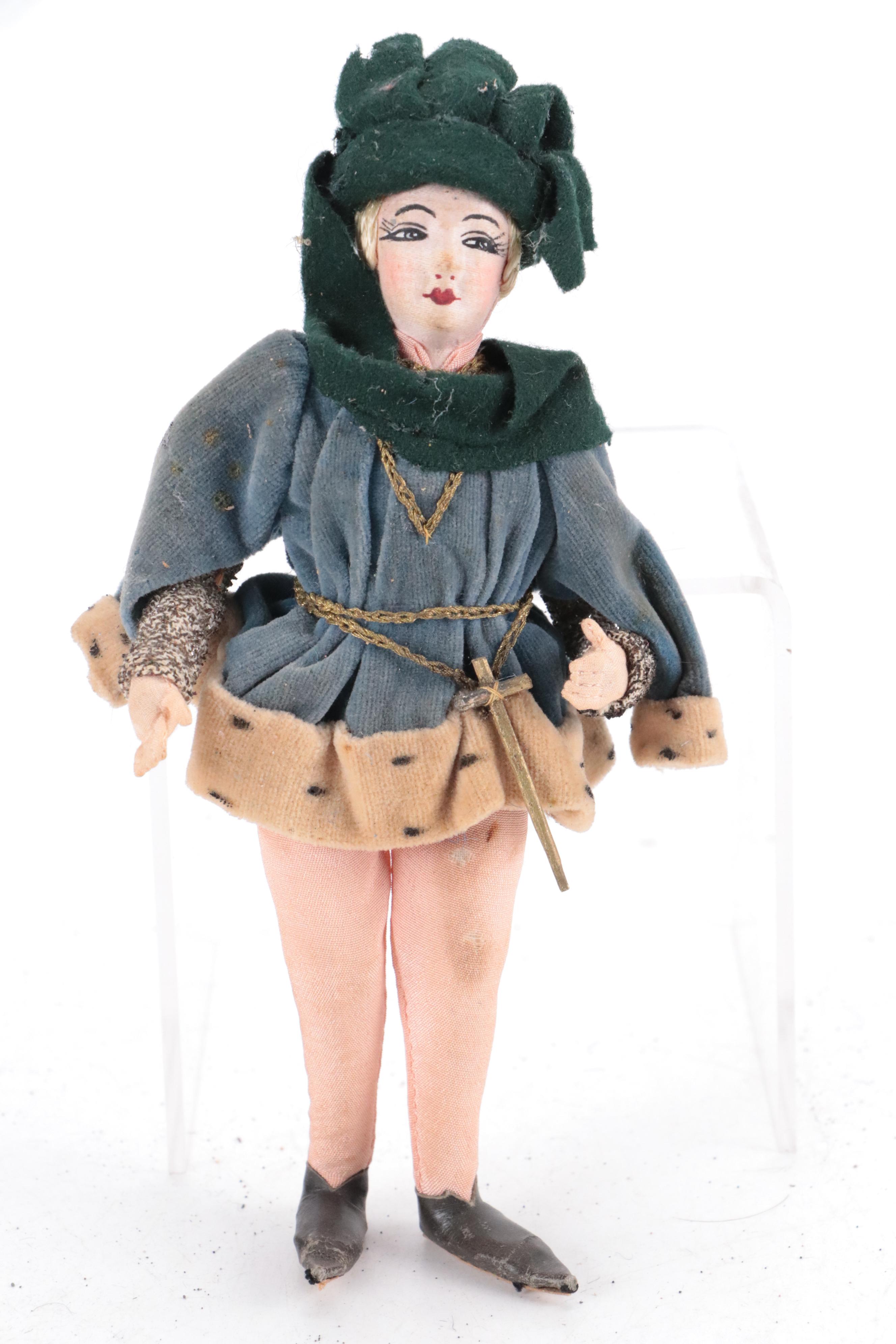 Cloth Mask Faced Medieval Court and Other Souvenir Dolls, Early to Mid-20th C.