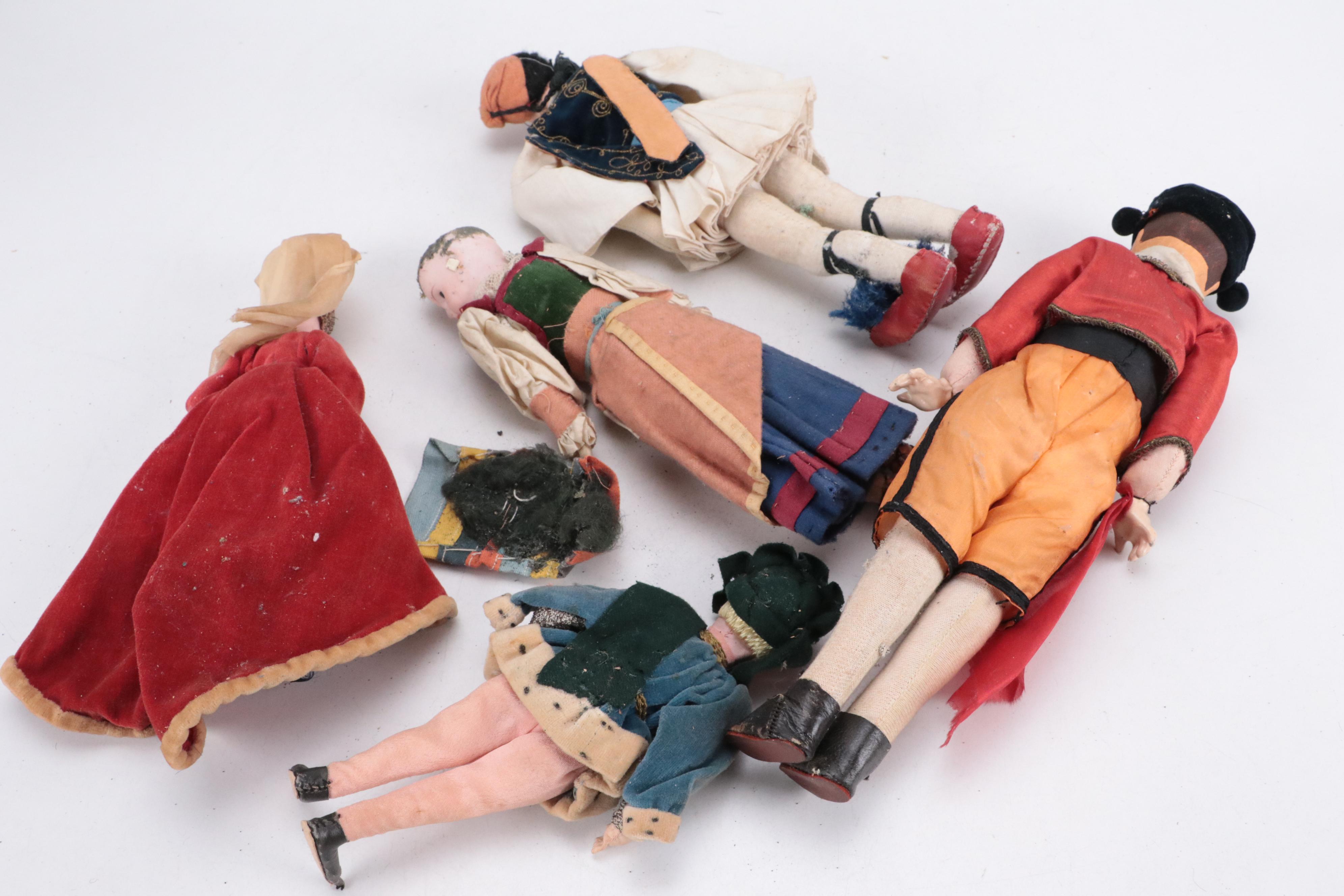 Cloth Mask Faced Medieval Court and Other Souvenir Dolls, Early to Mid-20th C.
