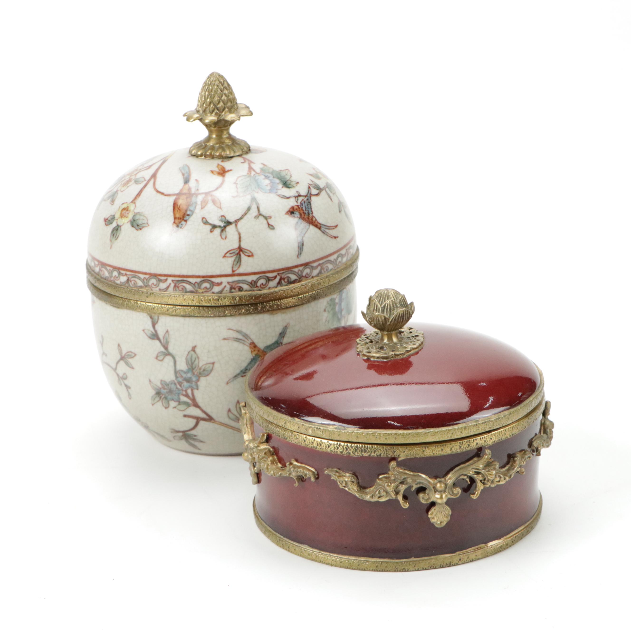 Floral Motif Ceramic Lidded Trinket Bowl with Red Glaze Ceramic Trinket Bowl