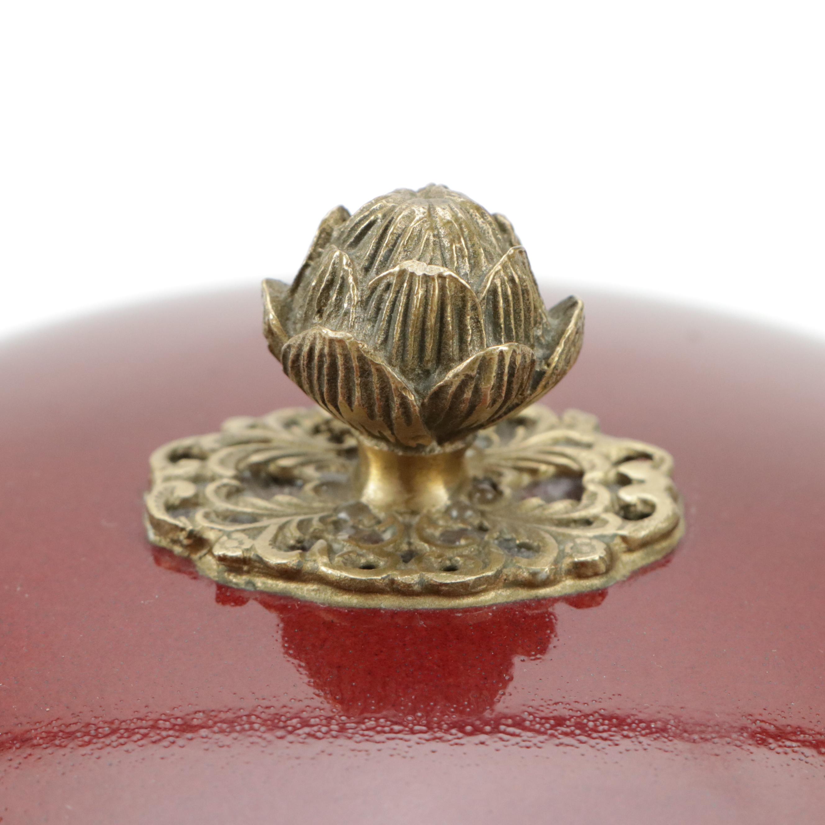 Floral Motif Ceramic Lidded Trinket Bowl with Red Glaze Ceramic Trinket Bowl