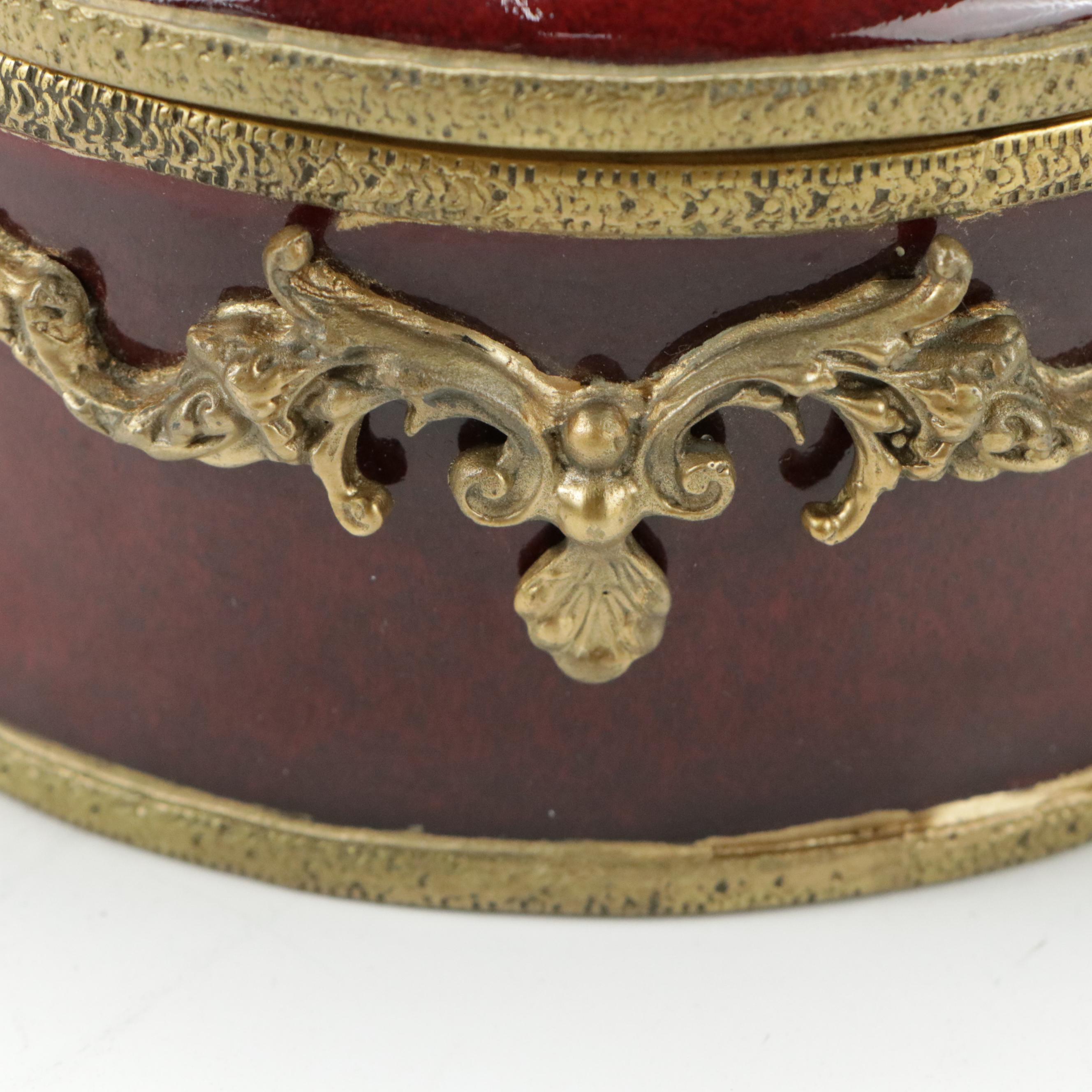 Floral Motif Ceramic Lidded Trinket Bowl with Red Glaze Ceramic Trinket Bowl