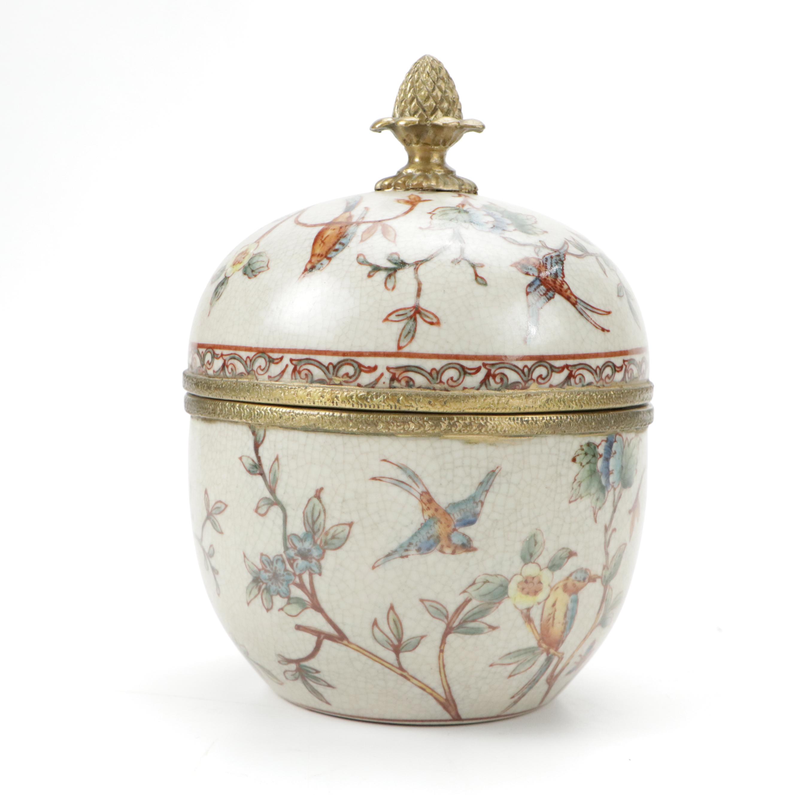 Floral Motif Ceramic Lidded Trinket Bowl with Red Glaze Ceramic Trinket Bowl