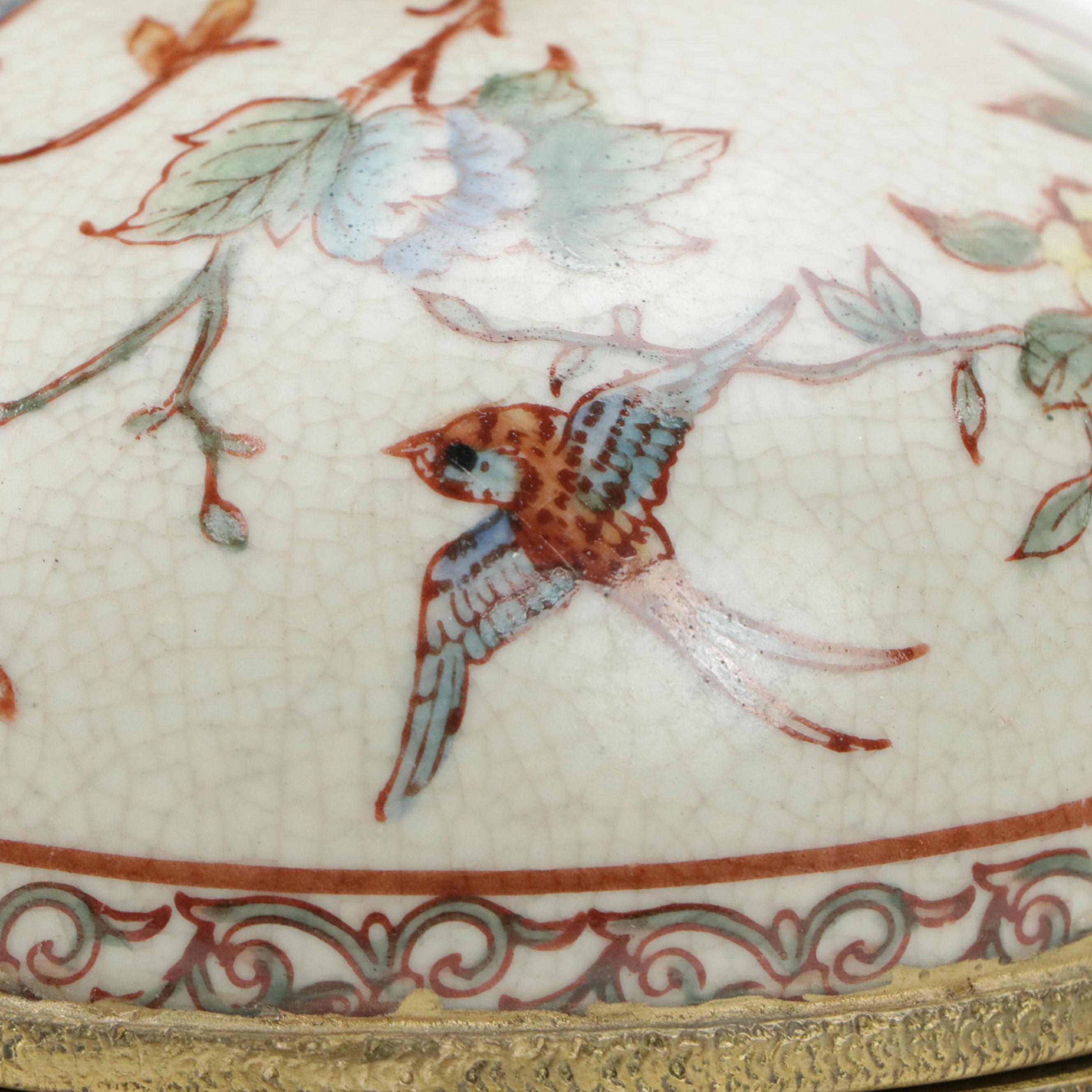 Floral Motif Ceramic Lidded Trinket Bowl with Red Glaze Ceramic Trinket Bowl