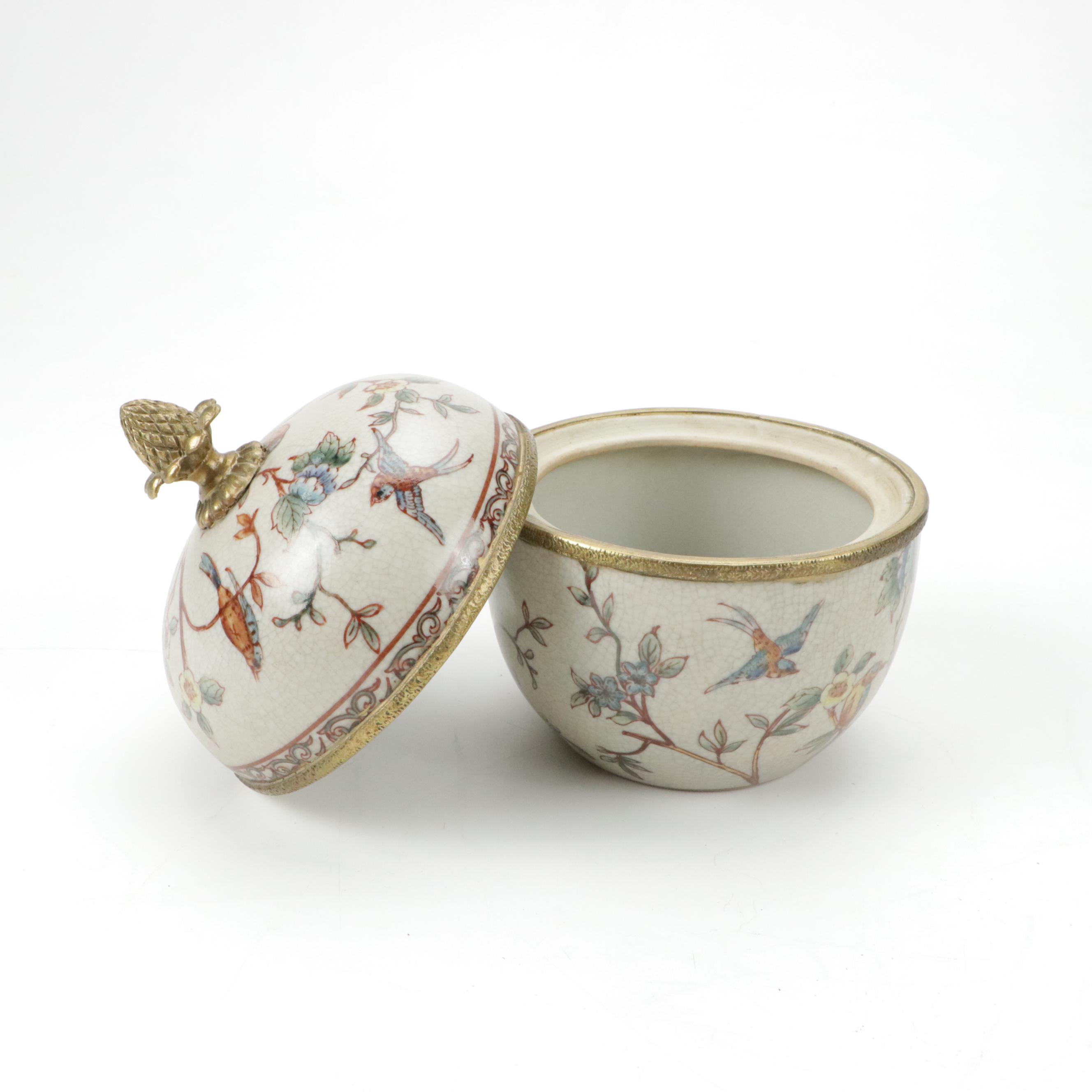 Floral Motif Ceramic Lidded Trinket Bowl with Red Glaze Ceramic Trinket Bowl