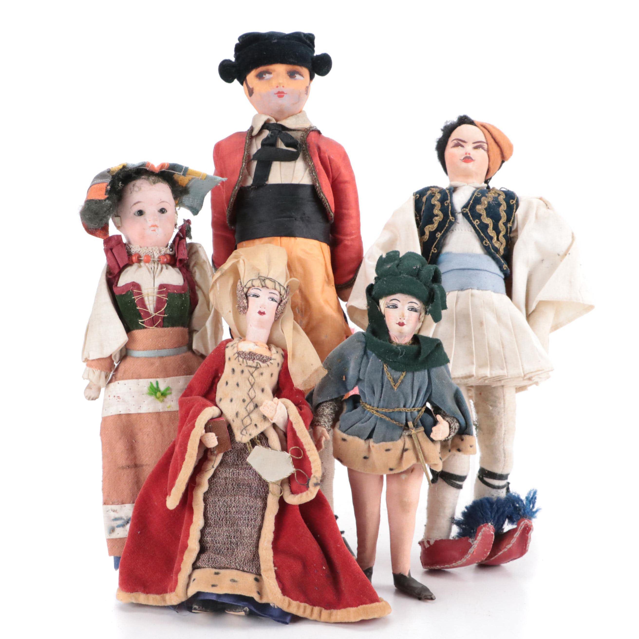 Cloth Mask Faced Medieval Court and Other Souvenir Dolls, Early to Mid-20th C.