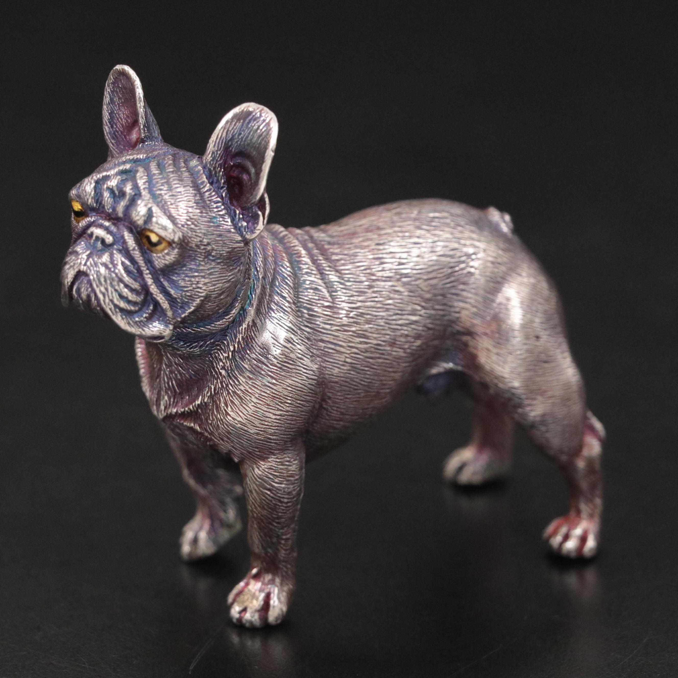 Russian 916 Silver French Bulldog Figurine In the Style of Fabergé