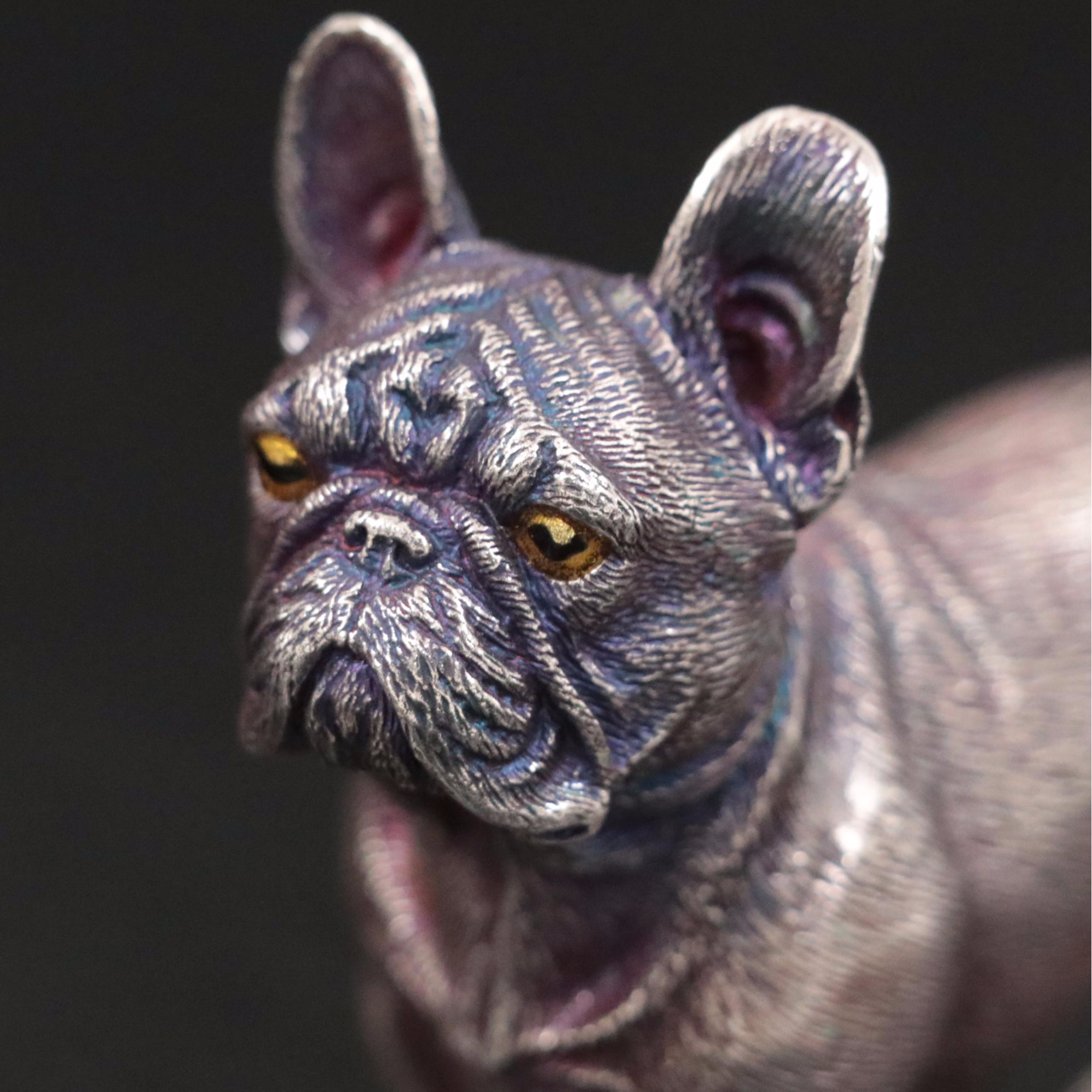 Russian 916 Silver French Bulldog Figurine In the Style of Fabergé