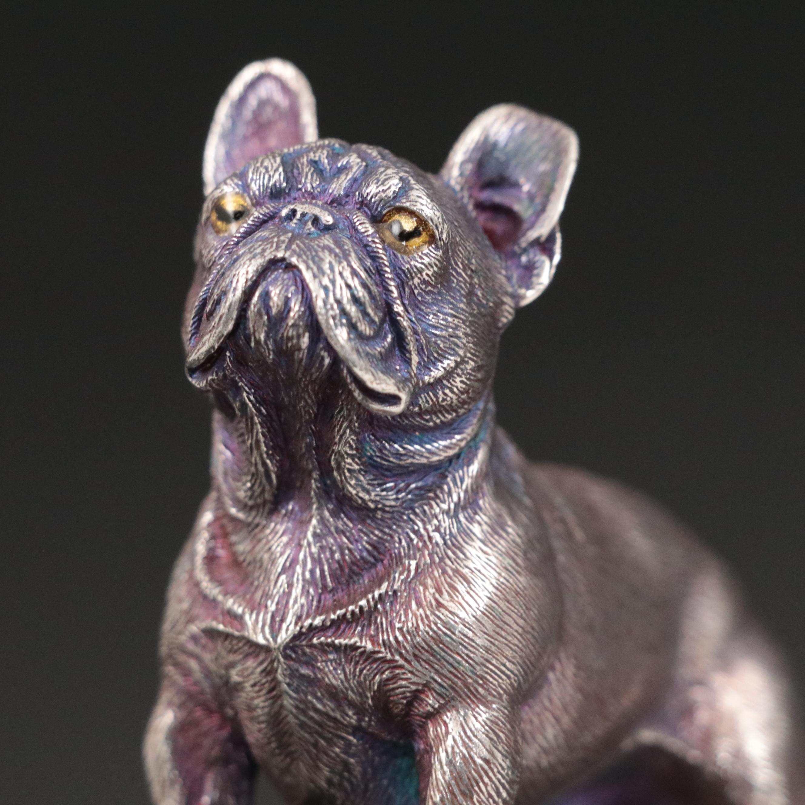Russian 916 Silver French Bulldog Figurine In the Style of Fabergé