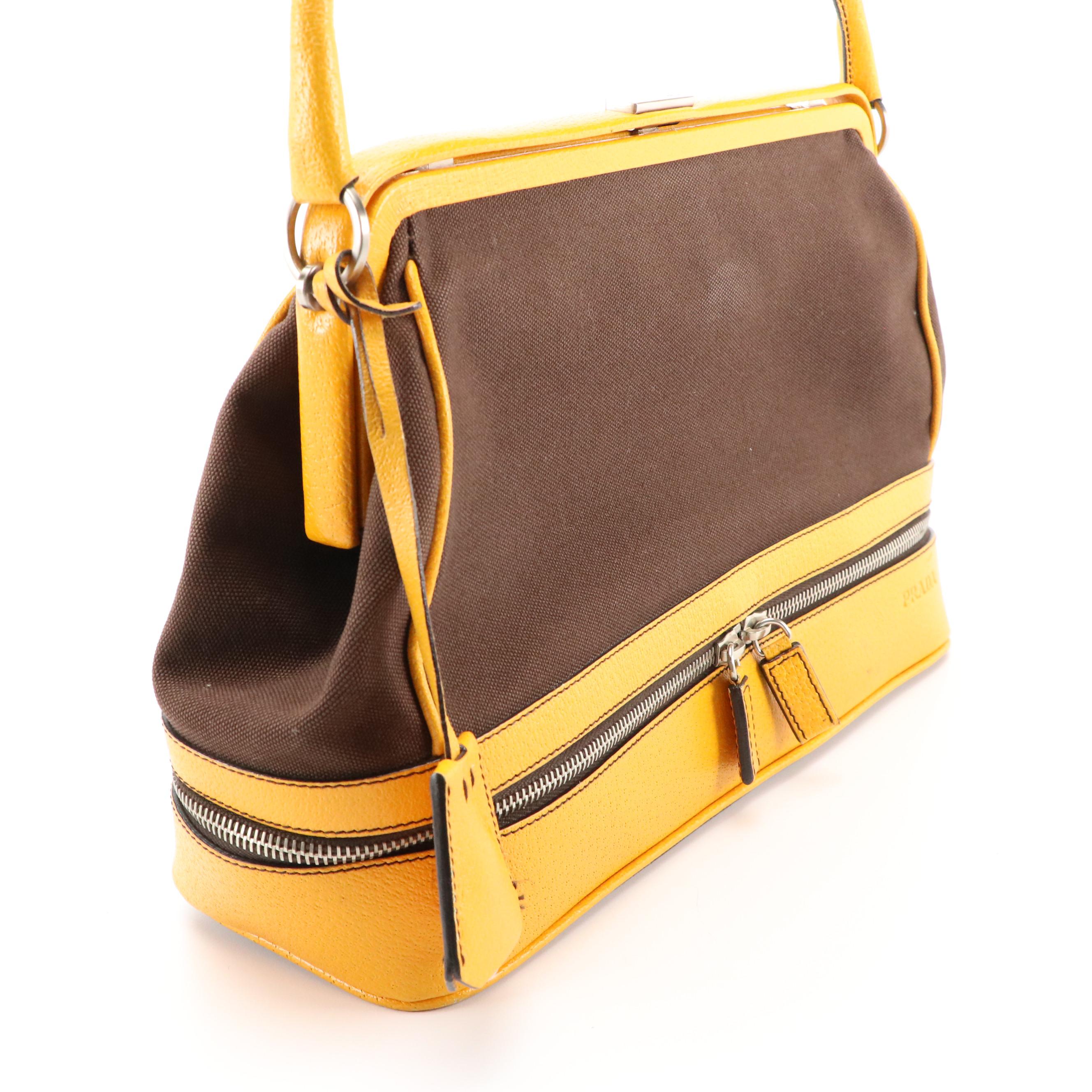 Prada Doctor's Style Bag in Brown Canvas and Yellow Cinghiale Leather