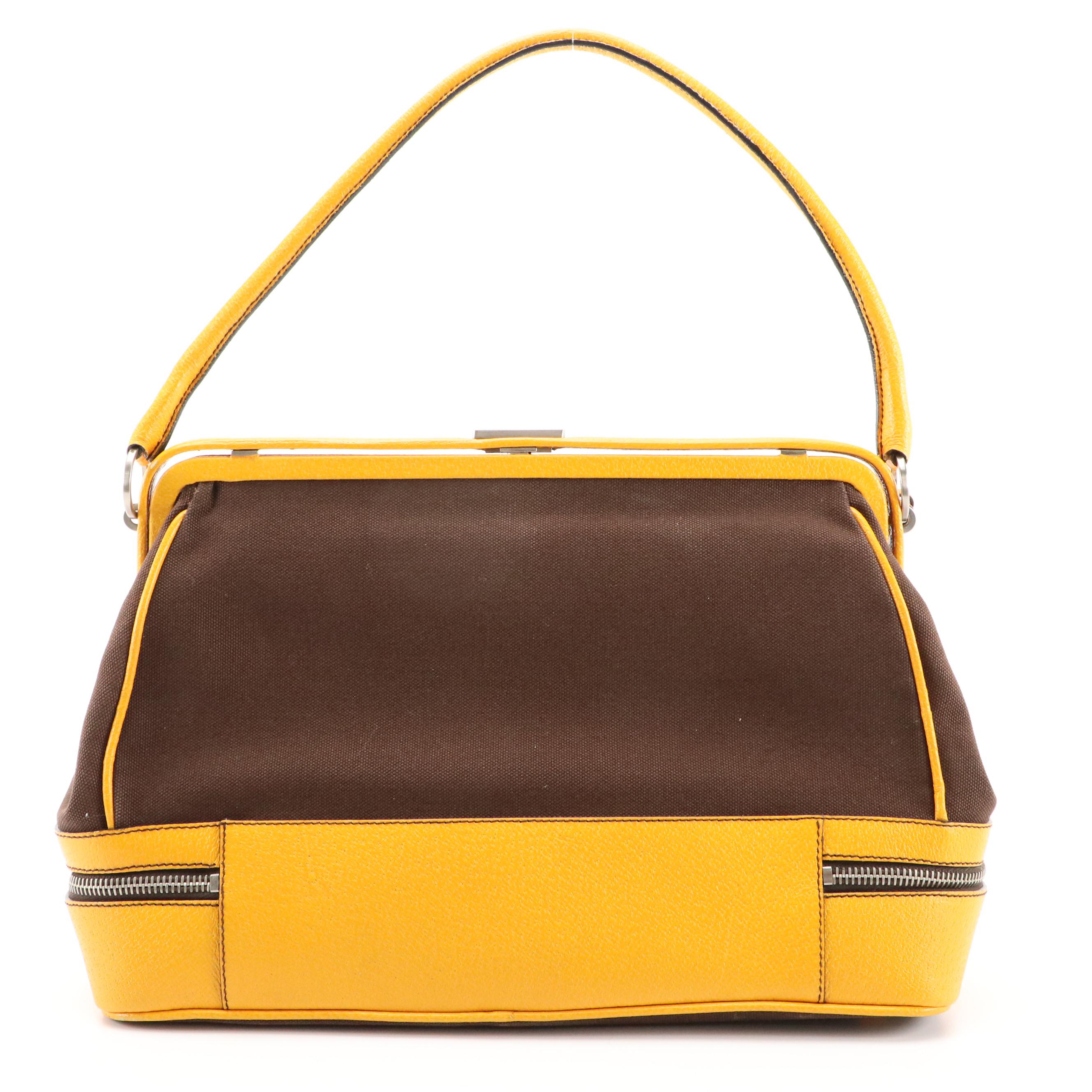 Prada Doctor's Style Bag in Brown Canvas and Yellow Cinghiale Leather