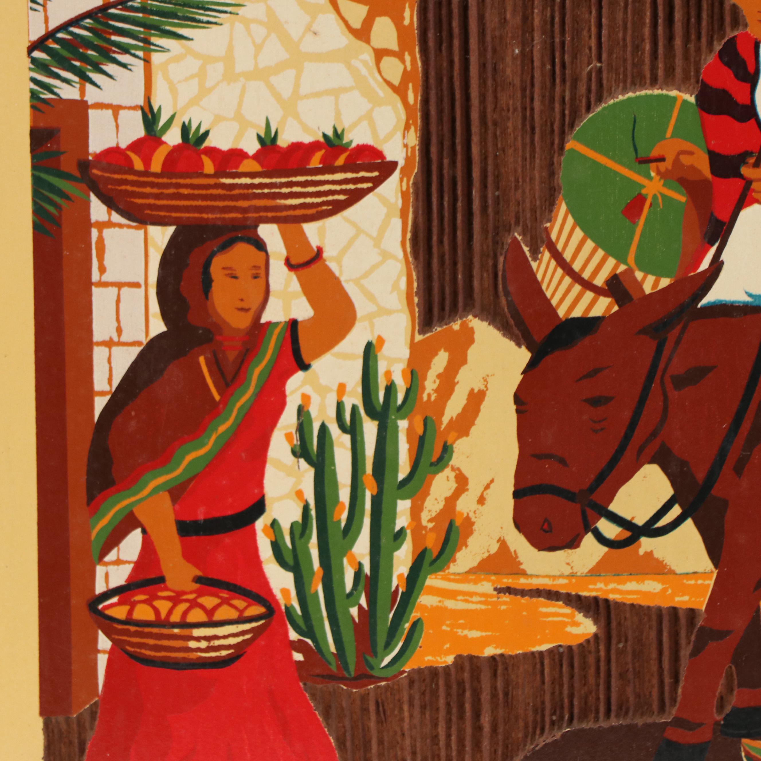 Mexican Sand-Blasted and Painted Wooden Wall Hanging