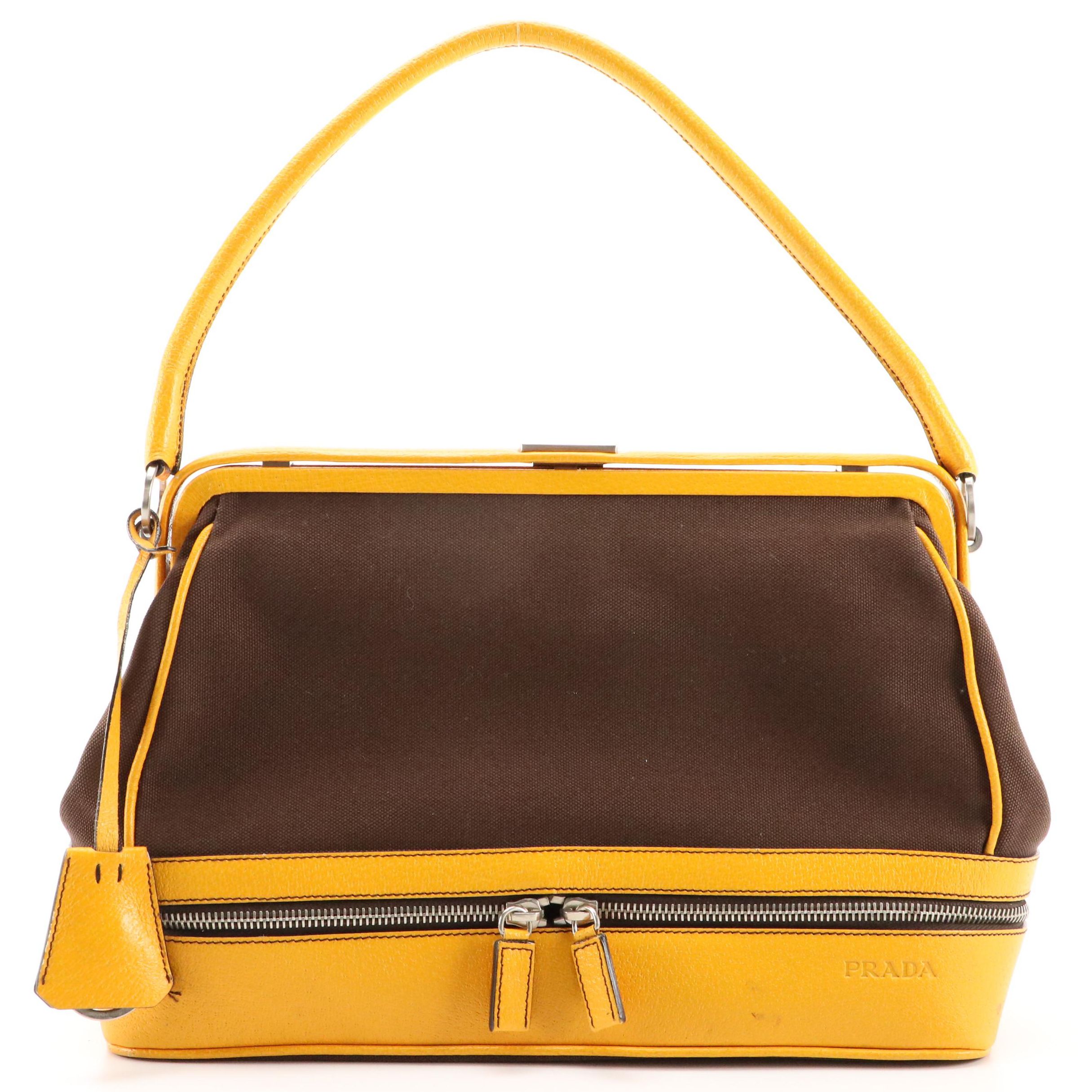 Prada Doctor's Style Bag in Brown Canvas and Yellow Cinghiale Leather