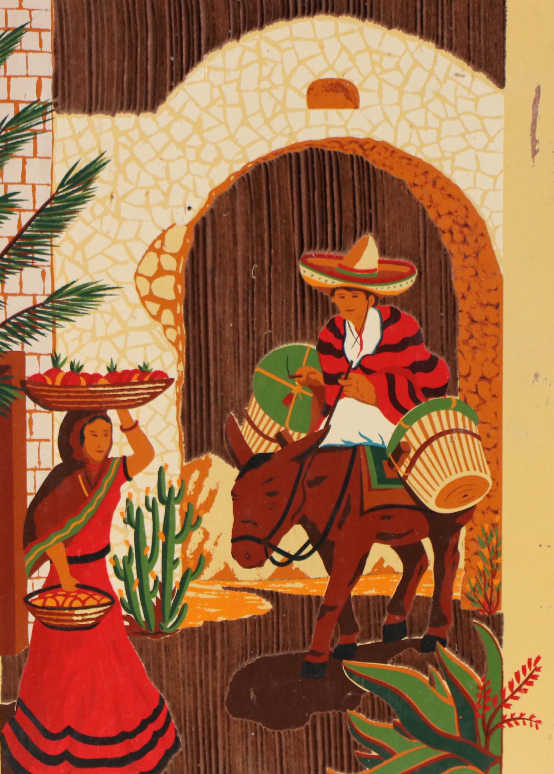 Mexican Sand-Blasted and Painted Wooden Wall Hanging